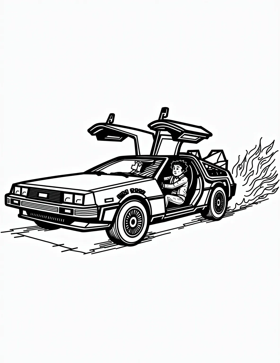 Time-Traveling DeLorean Adventure -- prompt: "black lines only Playful DeLorean time machine sketch with bold outlines. Gull-wing doors spread like wings, hover wheels floating. Chunky flames trail behind. Flux capacitor glows. Clock dials swirl. Doc Brown's wild hair peeks out. Childlike wonder radiates. Simple shapes capture retro-futuristic charm. Coloring book style for fun flat black lines, premium coloring page, coloring sheet, line drawing, Coloring Book, NO COLOR, NO SHADING, WHITE BACKGROUND. NO GRAY, BLACK AND WHITE, NO COLOR" -- Embark on a journey through time with this iconic movie-inspired coloring page. Featuring the famous DeLorean time machine, complete with flux capacitor and hover wheels, this scene captures the excitement of sci-fi time travel. Both kids and adults who love retro-future designs and classic movies will enjoy coloring this detailed illustration.