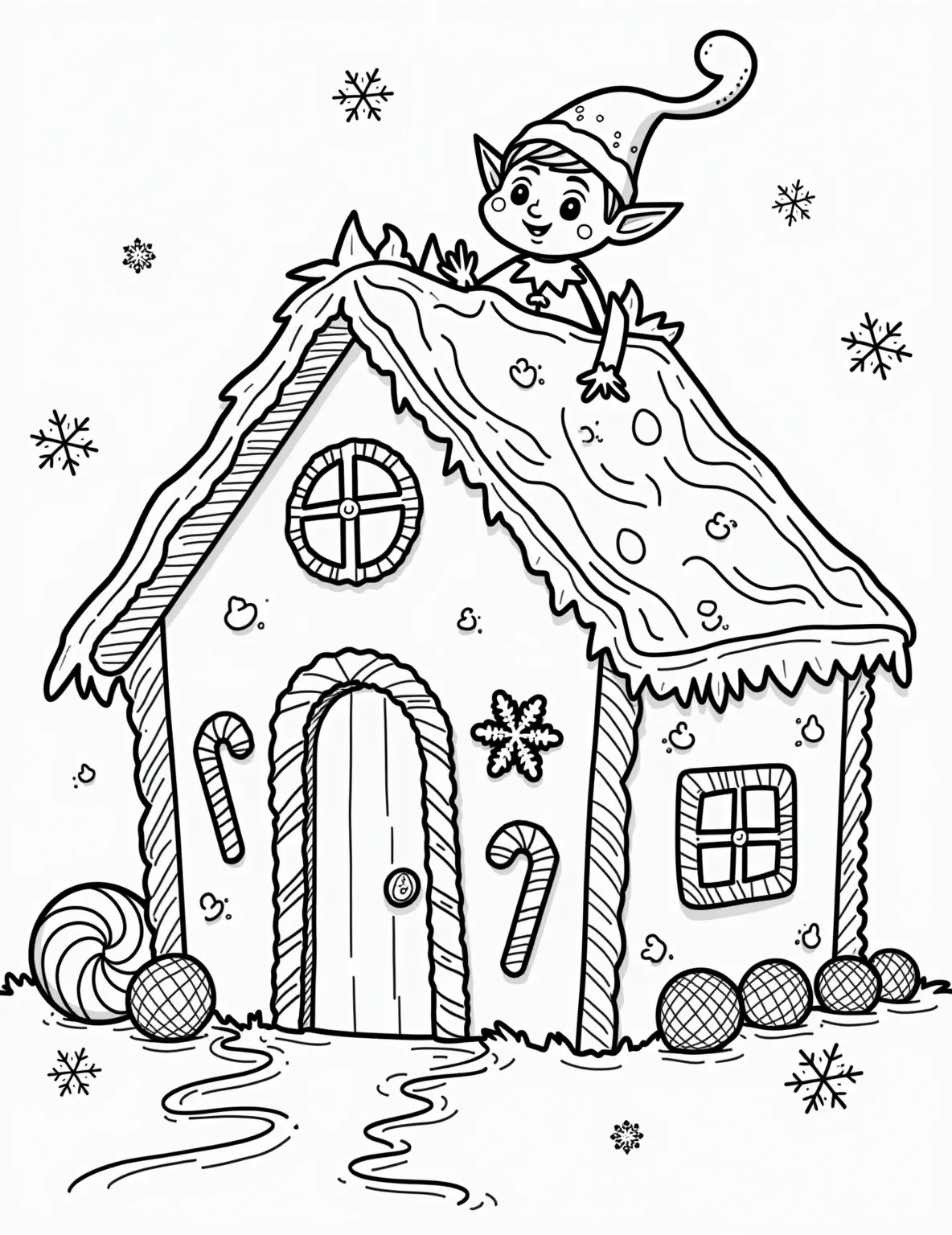 Elf's Gingerbread House Adventure -- prompt: "black lines only Cheerful Elf on the Shelf character decorating oversized gingerbread house. Bold outlines, simple shapes. Frosting swirls, candy dots, gumdrop buttons. Festive scene with snowflakes, candy canes. Perfect for coloring. Joyful holiday atmosphere in clean, fun line-art style. flat black lines, premium coloring page, coloring sheet, line drawing, Coloring Book, NO COLOR, NO SHADING, WHITE BACKGROUND. NO GRAY, BLACK AND WHITE, NO COLOR" -- Witness the Elf on the Shelf's culinary creativity in this sweet coloring page. Our little elf is shown decorating an enormous gingerbread house with frosting and candies. The intricate details of the house and the elf's concentrated expression make this page a delightful challenge for coloring enthusiasts.