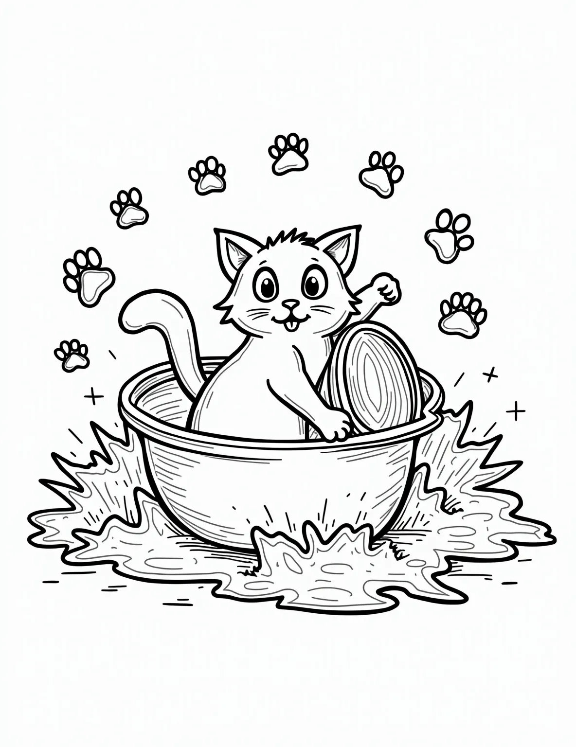 Mischievous Kitchen Cat Coloring Page -- prompt: "black lines only Mischievous feline silhouette amidst kitchen chaos. Bold outlines of overturned cookware, swirling flour patterns, and playful paw prints. Whiskers and wide eyes peek from behind a tipped mixing bowl. Simple shapes and clean lines perfect for coloring. Cute culinary calamity captured in black-and-white linework. flat black lines, premium coloring page, coloring sheet, line drawing, Coloring Book, NO COLOR, NO SHADING, WHITE BACKGROUND. NO GRAY, BLACK AND WHITE, NO COLOR" -- Delight in the chaos of a cat in the kitchen with this amusing scene. The page depicts a cat causing mild havoc among pots, pans, and perhaps some spilled flour. It's a fun choice for those who enjoy humorous, slice-of-life cat coloring pages that tell a story.