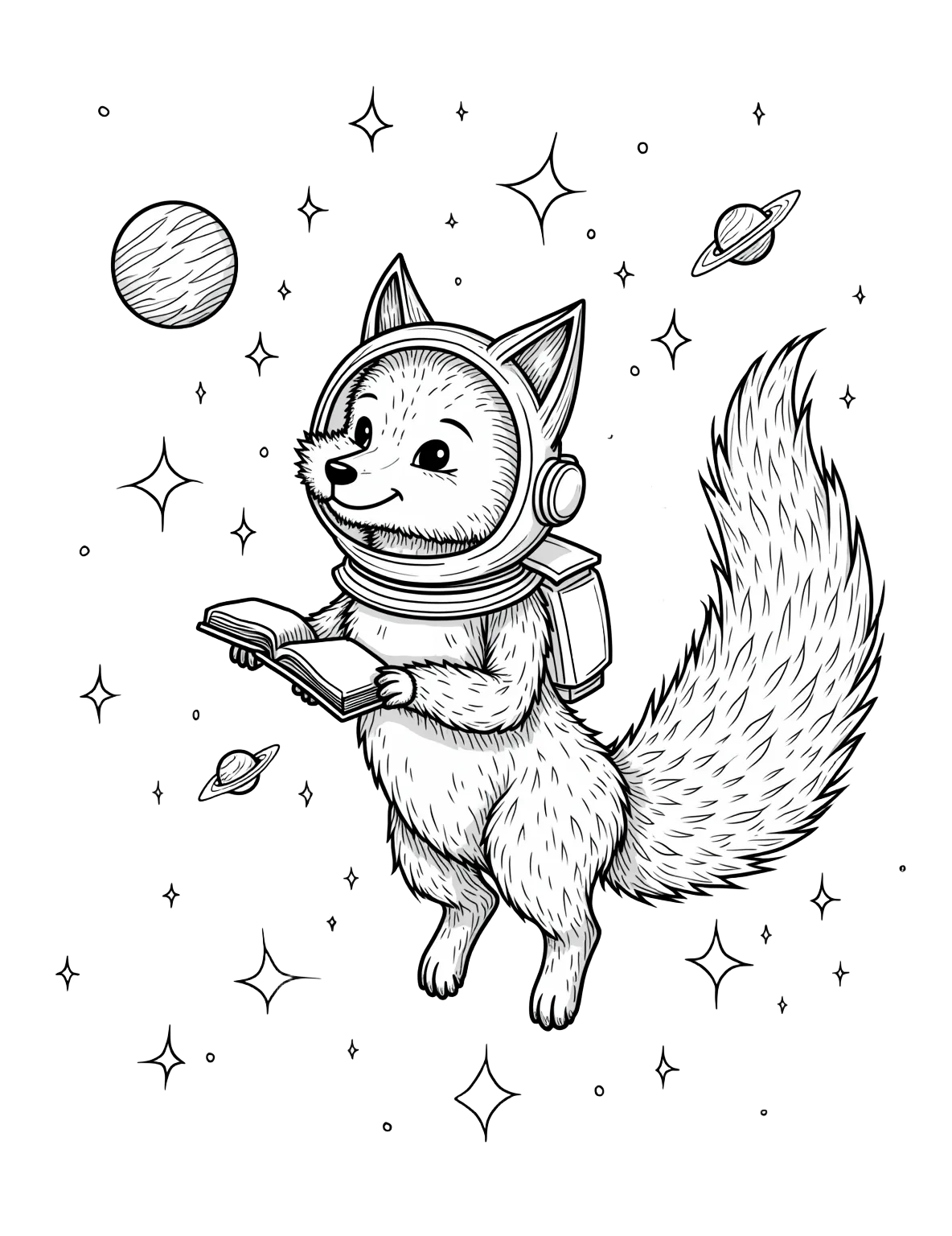 fox floating in space reading a book