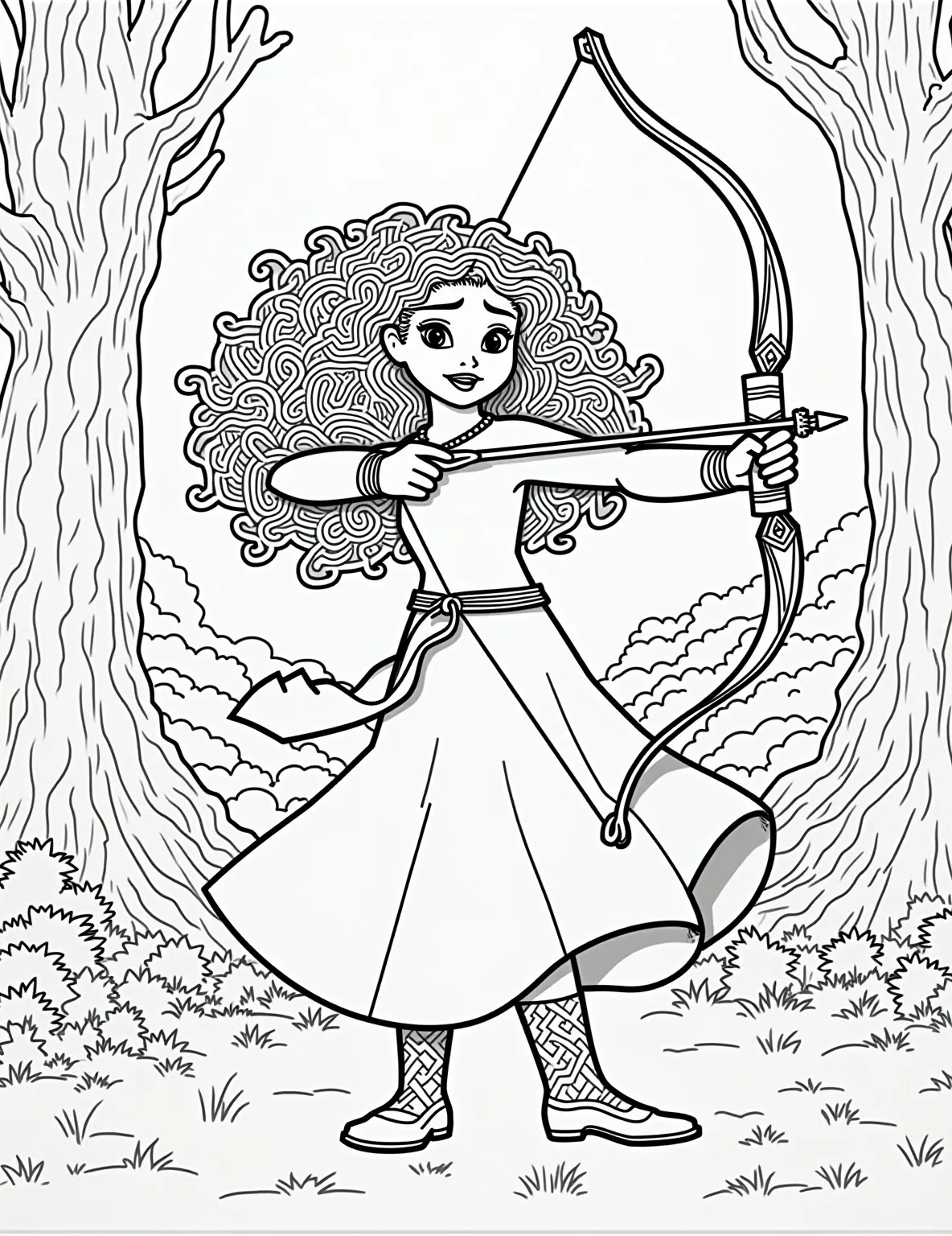 Merida's Archery Contest -- prompt: "black lines only Merida's wild curls frame her determined face as she draws her bow. Scottish Highlands' rolling hills form bold outlines. Simplified Celtic knots border the scene. Large, clean shapes perfect for coloring. Target stands prominently, awaiting Merida's arrow. Playful forest creatures peek from stylized trees. flat black lines, premium coloring page, coloring sheet, line drawing, Coloring Book, NO COLOR, NO SHADING, WHITE BACKGROUND. NO GRAY, BLACK AND WHITE, NO COLOR" -- Feel the excitement of the Highland Games with this action-packed coloring page featuring Merida. Our brave Scottish princess is shown drawing her bow, ready to hit the bullseye. Flags and tartan patterns in the background add a touch of Scottish flair to the scene.