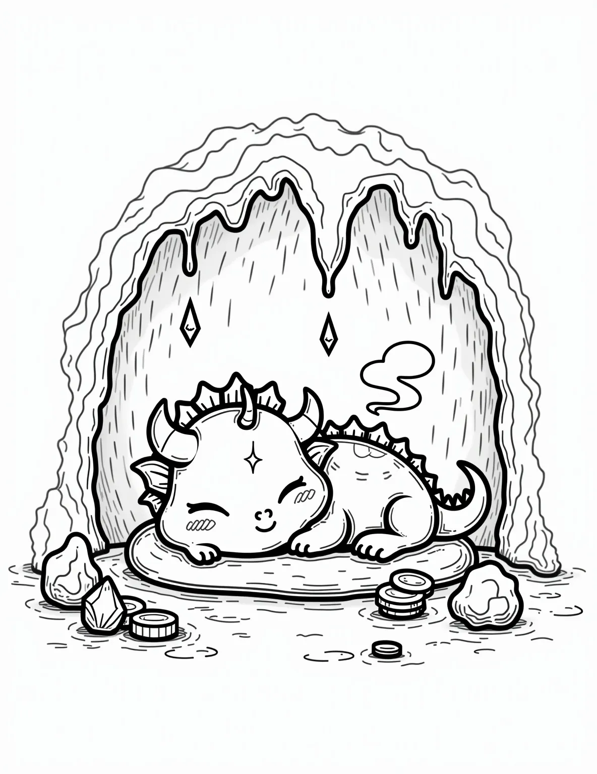 Sleepy Dragon in a Cozy Cave -- prompt: "black lines only Adorable baby dragon snoozing in cozy cave, outlined in bold black lines. Sparkling gems and coins scattered around, perfect for coloring. Playful smoke puffs from nostrils. Cave walls textured with simple patterns. Whimsical stalactites hanging above. Child-friendly design with large, easy-to-color shapes. flat black lines, premium coloring page, coloring sheet, line drawing, Coloring Book, NO COLOR, NO SHADING, WHITE BACKGROUND. NO GRAY, BLACK AND WHITE, NO COLOR" -- This adorable coloring page features a sleepy dragon curled up in a cozy cave. The dragon's gentle expression and peaceful pose make it perfect for younger children. Surrounding details like stalactites and a small pile of treasures add interest without overwhelming the main subject.