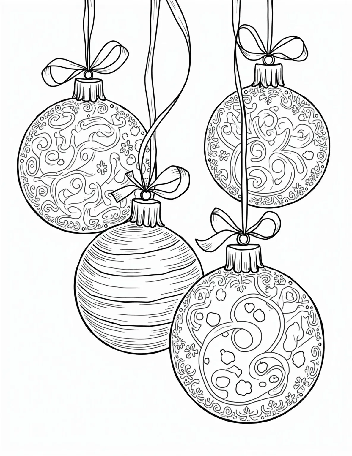 Christmas Ornament Decorating Coloring Page -- prompt: "black lines only Oversized Christmas baubles float on a coloring book page, their surfaces adorned with dotted lines and swirling patterns. Snowflakes, stars, and candy canes dance around the ornaments, waiting to be filled with vibrant hues. Ribbons curve gracefully, connecting the festive spheres in a joyful holiday scene. flat black lines, premium coloring page, coloring sheet, line drawing, Coloring Book, NO COLOR, NO SHADING, WHITE BACKGROUND. NO GRAY, BLACK AND WHITE, NO COLOR" -- Get creative with this interactive Christmas ornament coloring page. The page features several large, blank ornaments ready to be filled with your own designs and patterns. It's a great way to inspire children to create their own unique Christmas decorations.