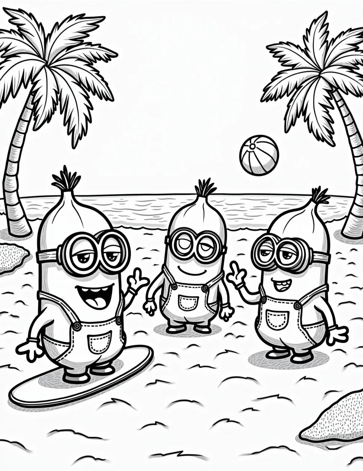 Minion Beach Party Bonanza -- prompt: "black lines only Cheerful Minions frolic on a sun-drenched beach. Bold outlines define banana-shaped bodies, goggled eyes, and overalls. Playful scenes showcase surfing, sandcastle building, and beach ball tossing. Simple shapes and clean lines perfect for coloring. Tropical palm trees frame the lively seaside gathering. flat black lines, premium coloring page, coloring sheet, line drawing, Coloring Book, NO COLOR, NO SHADING, WHITE BACKGROUND. NO GRAY, BLACK AND WHITE, NO COLOR" -- Dive into summer fun with this lively beach scene featuring our favorite yellow friends. Multiple Minions are shown engaging in various beach activities, from building sandcastles to surfing on banana-shaped boards. This coloring page is packed with delightful details that will keep colorists of all ages entertained for hours.