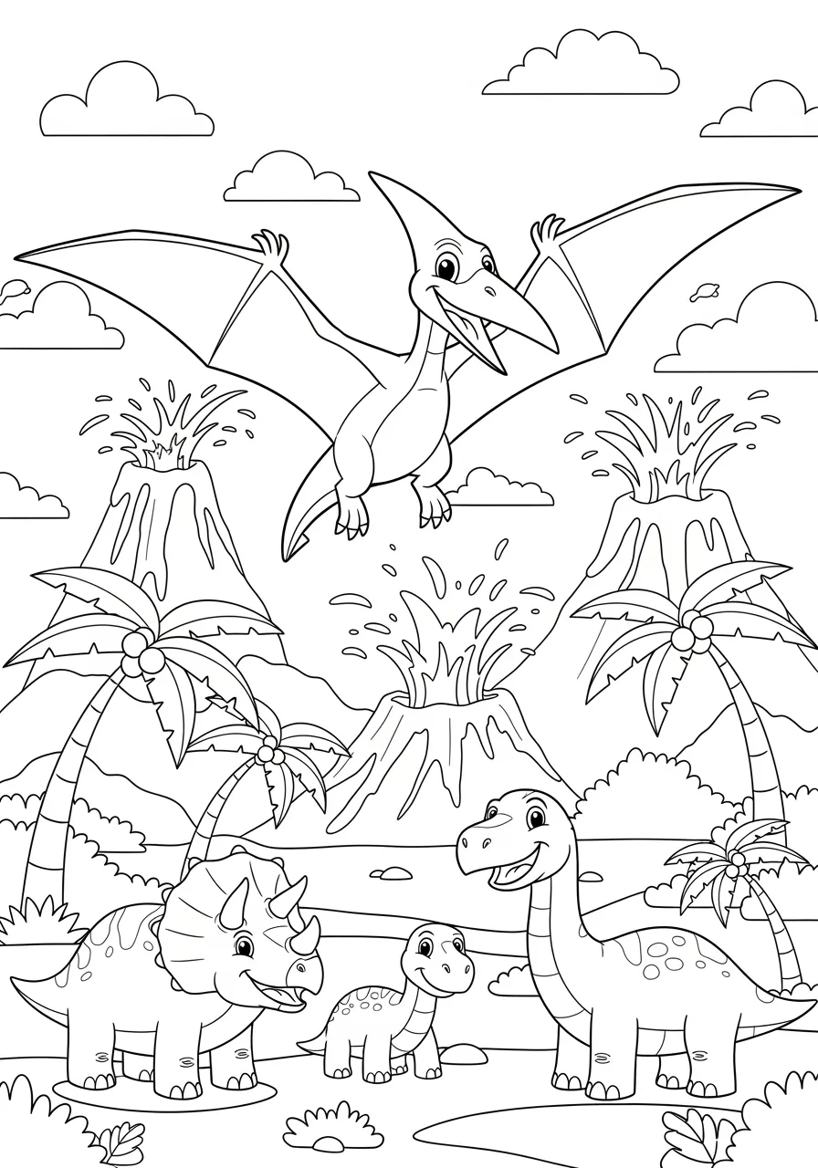 Flying Pterodactyl Soaring Through Ancient Skies Coloring Page -- prompt: "black lines only Cheerful cartoon Pterodactyl soaring through bold black outlines, thick clean lines perfect for coloring, spread wings over volcanic mountains, palm trees, friendly dinosaurs below, simple geometric shapes, large empty spaces for crayons, playful prehistoric adventure scene flat black lines, premium coloring page, coloring sheet, line drawing, Coloring Book, NO COLOR, NO SHADING, WHITE BACKGROUND. NO GRAY, BLACK AND WHITE, NO COLOR" -- Watch as a majestic Pterodactyl spreads its enormous wings and glides through the ancient skies above a prehistoric world. This dynamic coloring page captures the graceful flight of these incredible flying reptiles with intricate wing details and flowing movement. It's perfect for anyone fascinated by the dinosaurs that conquered the skies millions of years ago.