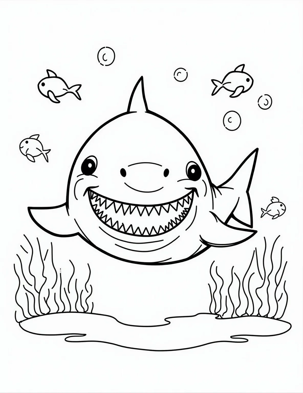 Shark's Toothy Grin -- prompt: "black lines only Fun coloring book page featuring a shark's gaping maw. Bold outlines showcase multiple rows of triangular teeth. Playful ocean elements surround the scene: bubbles, seaweed, and small fish. Empty spaces invite creative coloring. Shark's eyes peek above, adding character. Coloring book style for all ages. flat black lines, premium coloring page, coloring sheet, line drawing, Coloring Book, NO COLOR, NO SHADING, WHITE BACKGROUND. NO GRAY, BLACK AND WHITE, NO COLOR" -- Get up close and personal with this detailed shark mouth coloring page. It features an extreme close-up of a shark's open mouth, showcasing its rows of sharp teeth. This intricate design is perfect for adults who enjoy more complex coloring challenges and want to explore shark anatomy.