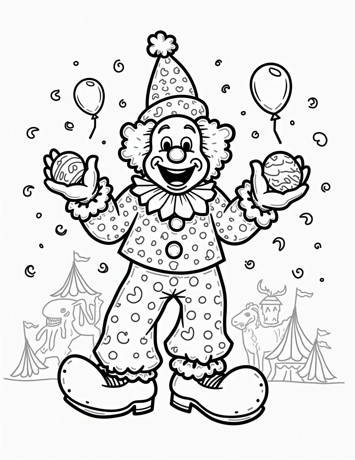 Circus Rainbow Clown Coloring Page -- prompt: "black lines only Joyful clown with exaggerated smile, juggling vibrant balls. Oversized shoes, polka-dot costume, and ruffled collar. Thick outlines perfect for coloring. Balloon animals, confetti, and circus tent in background. Simple shapes and patterns throughout. Cheerful, engaging scene for all ages. flat black lines, premium coloring page, coloring sheet, line drawing, Coloring Book, NO COLOR, NO SHADING, WHITE BACKGROUND. NO GRAY, BLACK AND WHITE, NO COLOR" -- A jolly clown juggles rainbow-colored balls in this circus-themed coloring page. The clown's costume features playful patterns and a big red nose. This page is perfect for those who love the whimsy of the circus and the joy of rainbows.