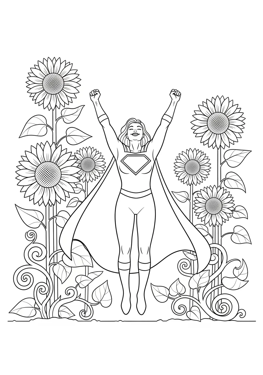 Plant-Controlling Hero Growing Giant Vines Coloring Page -- prompt: "black lines only Cheerful superhero with flowing cape stands center stage, arms raised commanding massive sunflowers and twisting vines. Bold black outlines define each petal and leaf. Simple shapes perfect for crayons create joyful garden adventure scene. flat black lines, premium coloring page, coloring sheet, line drawing, Coloring Book, NO COLOR, NO SHADING, WHITE BACKGROUND. NO GRAY, BLACK AND WHITE, NO COLOR" -- A nature-loving superhero demonstrates their botanical powers by growing enormous vines and flowers from the ground. The hero stands surrounded by towering plants, blooming flowers, and twisting green vegetation that responds to their command. This organic, flowing design offers wonderful opportunities for experimenting with various shades of green and floral colors.