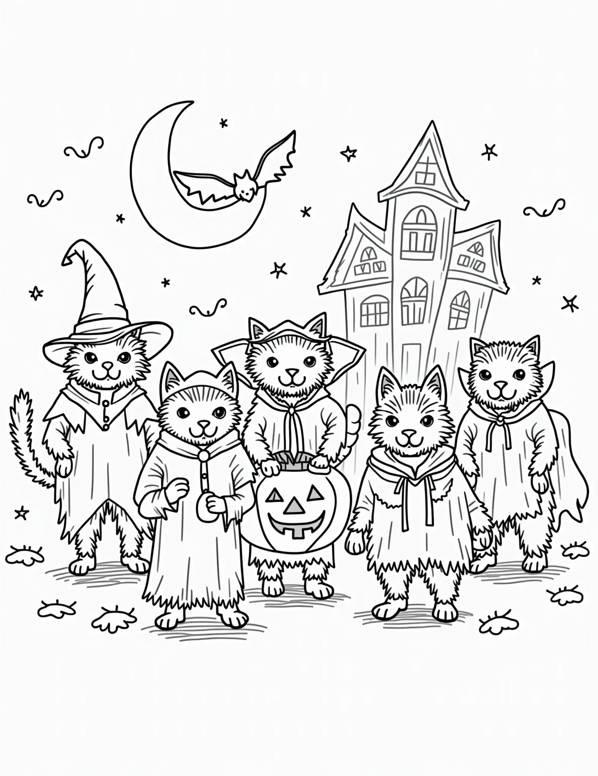 Halloween Cats' Midnight Parade Coloring Page -- prompt: "black lines only Playful line-art felines parade in Halloween attire: witches, vampires, ghosts. Bold outlines define jack-o'-lanterns, haunted houses with spooky windows. Swooping bats, grinning moons, and swirling leaves create a festive night scene. Perfect for coloring fun! Style: fun coloring book style coloring page flat black lines, premium coloring page, coloring sheet, line drawing, Coloring Book, NO COLOR, NO SHADING, WHITE BACKGROUND. NO GRAY, BLACK AND WHITE, NO COLOR" -- Join the feline festivities with this charming nighttime scene. A procession of cats, each uniquely dressed in Halloween costumes, marches under a full moon past decorated houses and glowing jack-o'-lanterns. This detailed coloring page is perfect for cat lovers and those who appreciate the more whimsical side of Halloween.