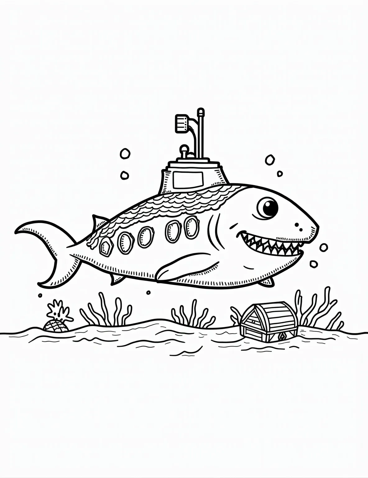 Shark's Eco-Friendly Submarine -- prompt: "black lines only Playful shark-shaped submarine outline for coloring. Bold lines define solar panel scales, water turbine fins. Bubbles and sea creatures surround. Ocean floor with hidden treasures below. Cheerful expression on submarine's face. Simple yet engaging deep-sea adventure scene for all ages. flat black lines, premium coloring page, coloring sheet, line drawing, Coloring Book, NO COLOR, NO SHADING, WHITE BACKGROUND. NO GRAY, BLACK AND WHITE, NO COLOR" -- Embark on an eco-adventure with this innovative shark submarine coloring page. It depicts a shark-shaped submarine powered by renewable energy, exploring the ocean depths. This page is great for environmentally conscious colorists and those interested in futuristic marine technology.