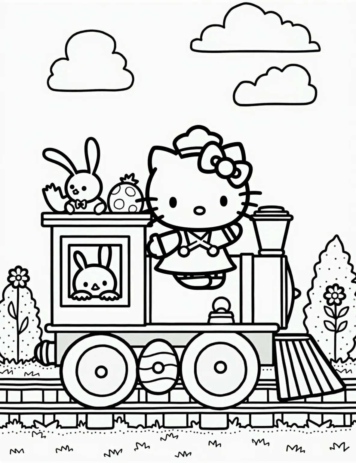 Hello Kitty's Easter Train Ride -- prompt: "black lines only Hello Kitty conducts Easter train, wearing conductor's hat. Bunny, chick passengers. Egg-shaped windows, carrot tracks. Pastel flowers, ribbons adorn carriages. Bold outlines, simple shapes. Large areas for coloring. Joyful expressions. Basket weave texture on train. Dotted grass, fluffy cloud patterns. flat black lines, premium coloring page, coloring sheet, line drawing, Coloring Book, NO COLOR, NO SHADING, WHITE BACKGROUND. NO GRAY, BLACK AND WHITE, NO COLOR" -- All aboard Hello Kitty's Easter train in this fun-filled coloring page! Hello Kitty is the conductor of a train decorated with Easter eggs and ribbons. Her friends are passengers, each car filled with different Easter surprises and activities.