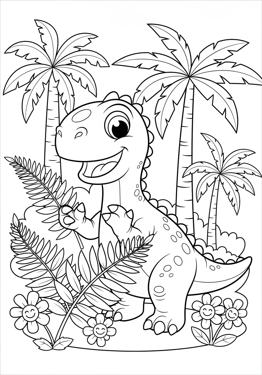 Gentle Iguanodon Using Thumb Spikes Coloring Page -- prompt: "black lines only Cheerful Iguanodon dinosaur with bold black outlines grasping leafy ferns using prominent thumb spikes, surrounded by simple prehistoric trees and smiling flowers, clean line art perfect for children's coloring, playful cartoon style with large friendly eyes flat black lines, premium coloring page, coloring sheet, line drawing, Coloring Book, NO COLOR, NO SHADING, WHITE BACKGROUND. NO GRAY, BLACK AND WHITE, NO COLOR" -- Observe this peaceful Iguanodon as it uses its distinctive thumb spikes to strip leaves from prehistoric plants in a lush forest setting. This versatile dinosaur could walk on both two and four legs, and its unique hands with spike thumbs made it perfectly adapted for plant-eating. The detailed forest environment and the dinosaur's gentle nature make this a perfect educational coloring page.