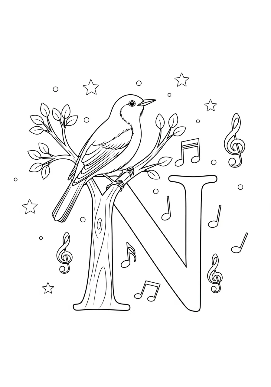 Nocturnal Nightingale's Nested Notes Coloring Page -- prompt: "black lines only Fun coloring book page featuring cheerful nightingale with bold outlines perched on curved tree branches spelling letter N, large musical notes and treble clefs floating above, simple stars scattered across background, black and white line art ready for coloring flat black lines, premium coloring page, coloring sheet, line drawing, Coloring Book, NO COLOR, NO SHADING, WHITE BACKGROUND. NO GRAY, BLACK AND WHITE, NO COLOR" -- Discover the beauty of nighttime with this elegant 'N' coloring page featuring a singing nightingale! The bird perches on branches arranged in an N formation while musical notes float through the moonlit sky. This sophisticated design appeals to older children and adults who appreciate both nature and music.
