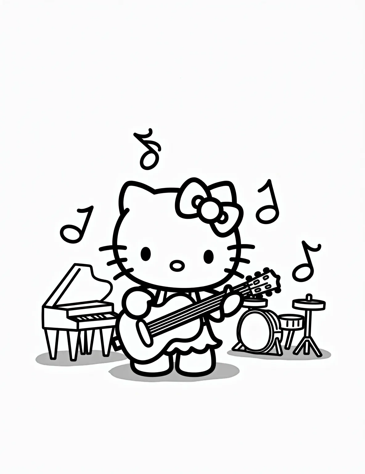 Hello Kitty's Music Time -- prompt: "black lines only Hello Kitty strumming a whimsical guitar, musical notes swirling around her. Nearby, a piano and drums await coloring. Bold outlines define each element, creating a playful scene perfect for young artists. Cheerful melodies seem to emanate from the page, inviting creative expression. flat black lines, premium coloring page, coloring sheet, line drawing, Coloring Book, NO COLOR, NO SHADING, WHITE BACKGROUND. NO GRAY, BLACK AND WHITE, NO COLOR" -- Hello Kitty is having a musical moment in this fun coloring page! She's playing a guitar and singing, surrounded by musical notes and other instruments. There's a piano, drums, and even a microphone stand. This page is perfect for little music lovers to add their own colorful touch.