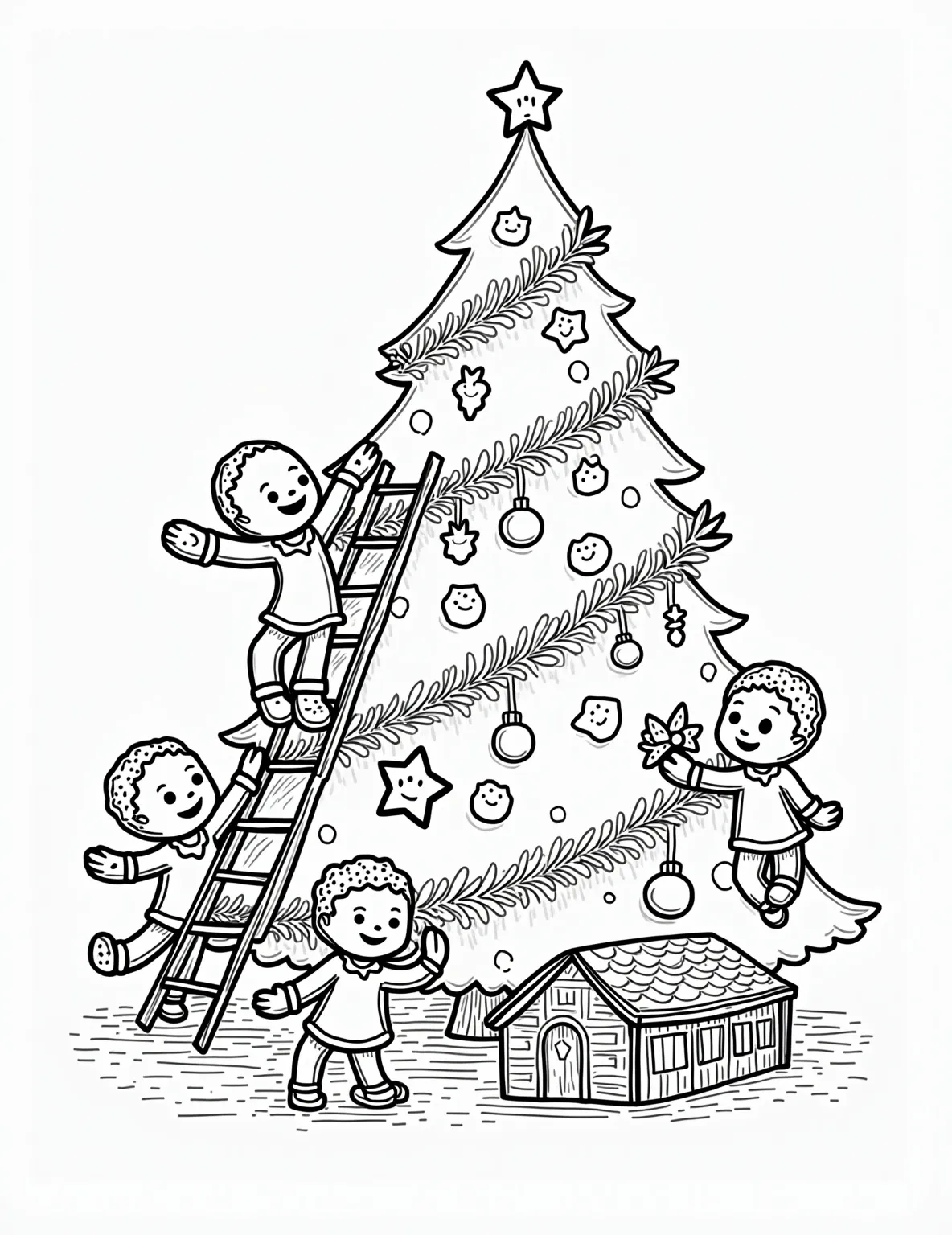 Gingerbread Family Christmas Tree Decorating Coloring Page -- prompt: "black lines only Charming gingerbread family decorates Christmas tree in bold, black outlines. Father on ladder hangs star, mother strings lights, children balance ornaments. Simplified shapes, thick lines perfect for coloring. Tree branches curve playfully, cookies smile warmly. Festive scene radiates holiday cheer, inviting creative coloring. flat black lines, premium coloring page, coloring sheet, line drawing, Coloring Book, NO COLOR, NO SHADING, WHITE BACKGROUND. NO GRAY, BLACK AND WHITE, NO COLOR" -- This heartwarming scene depicts a family of gingerbread people decorating a Christmas tree. The page includes a large tree with various ornaments and a ladder for the gingerbread family to reach higher branches. It's a delightful representation of holiday teamwork and family bonding.