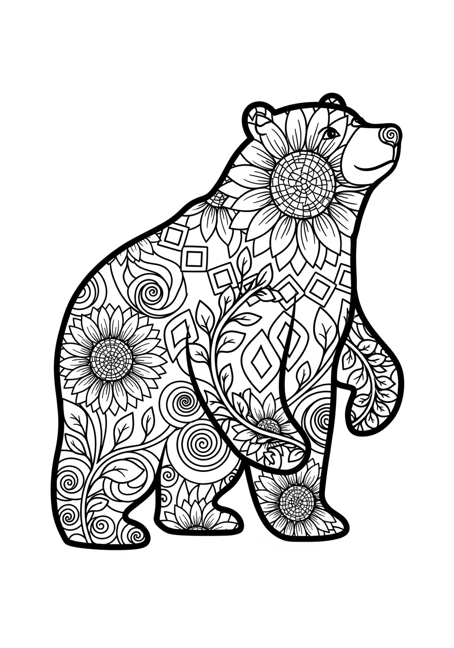 Intricate Mandala Bear Design Coloring Page -- prompt: "black lines only A cheerful bear silhouette outline filled with mandala flowers, geometric diamonds, swirling patterns, and decorative flourishes, designed as a fun coloring book page with bold black lines on white background for children flat black lines, premium coloring page, coloring sheet, line drawing, Coloring Book, NO COLOR, NO SHADING, WHITE BACKGROUND. NO GRAY, BLACK AND WHITE, NO COLOR" -- This sophisticated adult coloring page combines the majesty of a bear with beautiful mandala patterns throughout its form. The geometric designs within the bear's silhouette create a unique artistic challenge. This page offers a perfect blend of wildlife appreciation and meditative coloring therapy.