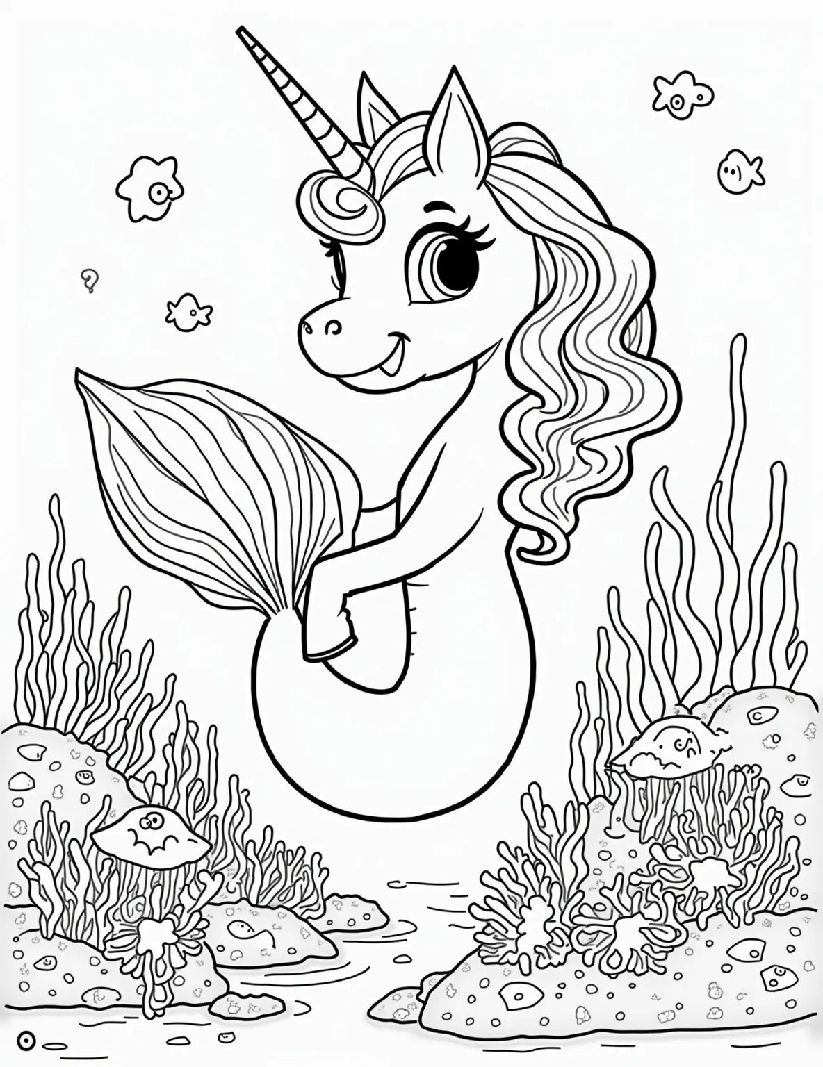 Unicorn's Underwater Adventure Coloring Page -- prompt: "black lines only Underwater wonderland coloring page: Majestic unicorn-mermaid hybrid gracefully swimming, surrounded by smiling sea stars, grinning clownfish, and cheerful jellyfish. Seaweed and coral frame the scene. Bold outlines define each element, perfect for coloring. Bubbles float upward, adding playful flat black lines, premium coloring page, coloring sheet, line drawing, Coloring Book, NO COLOR, NO SHADING, WHITE BACKGROUND. NO GRAY, BLACK AND WHITE, NO COLOR" -- Dive into an extraordinary underwater realm with this unique unicorn coloring page. Watch as our magical friend transforms into a mesmerizing sea creature, complete with fins and a flowing mane. This page is perfect for slightly older children who love both unicorns and ocean life, offering a blend of fantasy and marine biology.