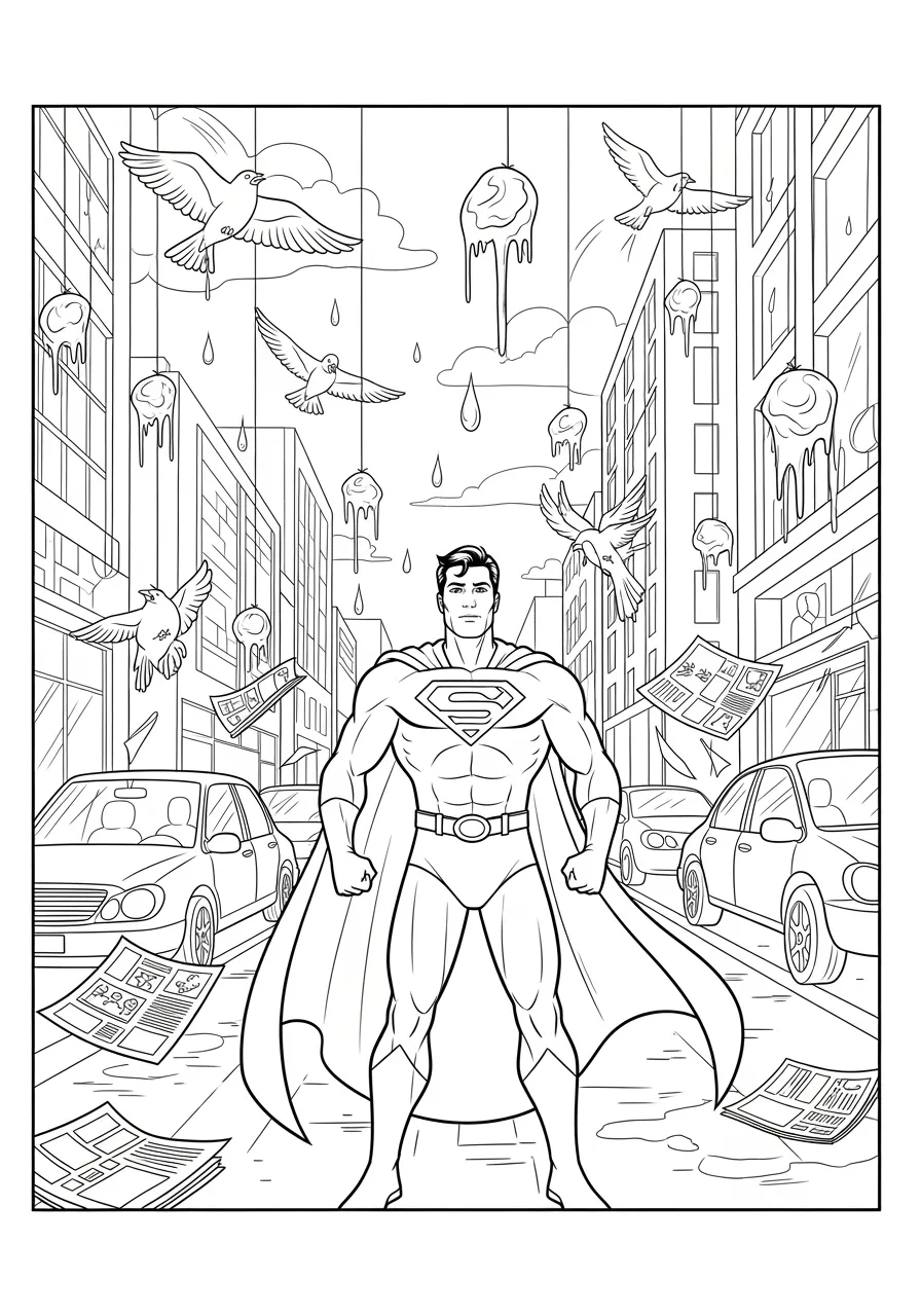 Time-Stopping Hero Frozen in Action Coloring Page -- prompt: "black lines only Fun coloring book page featuring caped superhero with flowing costume standing confidently in city street, surrounded by frozen raindrops, suspended birds mid-flight, stopped cars with open doors, floating newspapers, paused pedestrians walking, bold black outlines ready for coloring flat black lines, premium coloring page, coloring sheet, line drawing, Coloring Book, NO COLOR, NO SHADING, WHITE BACKGROUND. NO GRAY, BLACK AND WHITE, NO COLOR" -- An incredible superhero demonstrates time manipulation powers by stopping time around themselves while remaining in motion. Frozen raindrops, halted birds, and suspended objects create a surreal environment around the active hero. This thought-provoking design encourages artists to consider how to represent the contrast between motion and stillness.