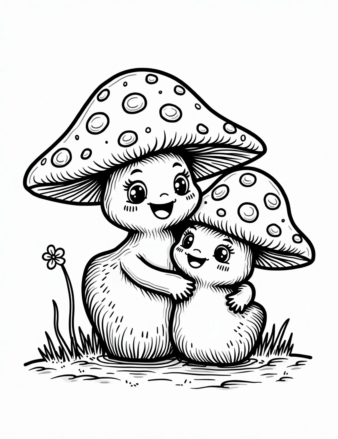 Smiling Mushroom Family -- prompt: "black lines only Delightful family of cartoon mushrooms with bold outlines for easy coloring. Parent mushrooms embrace baby fungi, all sporting cheerful grins. Simple, rounded shapes and playful details like polka dots and striped stems. Perfect for children's coloring books, encouraging creativity and fun. flat black lines, premium coloring page, coloring sheet, line drawing, Coloring Book, NO COLOR, NO SHADING, WHITE BACKGROUND. NO GRAY, BLACK AND WHITE, NO COLOR" -- Meet the cutest mushroom family in the forest! This adorable coloring page features a group of anthropomorphized mushrooms with happy faces. The 'parent' mushrooms stand tall while little 'baby' mushrooms cluster around their feet, creating a heartwarming scene perfect for young children.