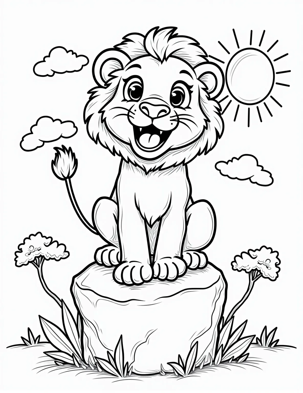 Lion Cub Learning to Roar -- prompt: "black lines only Adorable lion cub, eyes wide with excitement, perched atop a stylized rocky outcrop. Simple, bold outlines perfect for coloring. Mouth open in a playful roar, surrounded by wavy sound lines. Fluffy mane and tail with exaggerated, fun shapes. Background features cartoon-style savanna elements. flat black lines, premium coloring page, coloring sheet, line drawing, Coloring Book, NO COLOR, NO SHADING, WHITE BACKGROUND. NO GRAY, BLACK AND WHITE, NO COLOR" -- This charming coloring page features a young lion cub practicing its roar. With its mouth wide open and a determined expression, this cub is sure to melt hearts. The setting includes some rocks and savanna grasses, perfect for adding texture to your coloring.