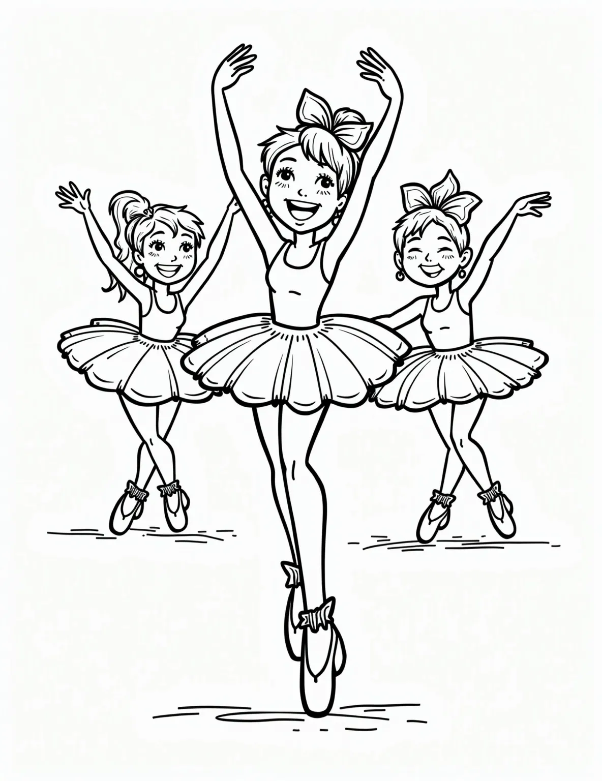 Ballet Class Group Pose Coloring Page -- prompt: "black lines only Adorable cartoon ballerinas with exaggerated tutus and oversized ballet shoes strike playful poses. Simplified outlines of mirrors and barre frame the scene. Bold, thick lines define shapes, leaving ample white space for coloring. Joyful expressions and stylized movement capture youthful energy. flat black lines, premium coloring page, coloring sheet, line drawing, Coloring Book, NO COLOR, NO SHADING, WHITE BACKGROUND. NO GRAY, BLACK AND WHITE, NO COLOR" -- This lively coloring page depicts a group of young ballerinas striking a pose together in class. Each dancer has a unique expression and slightly different stance, offering variety in a unified scene. The dance studio setting includes mirrors and a barre, adding interesting details to color.