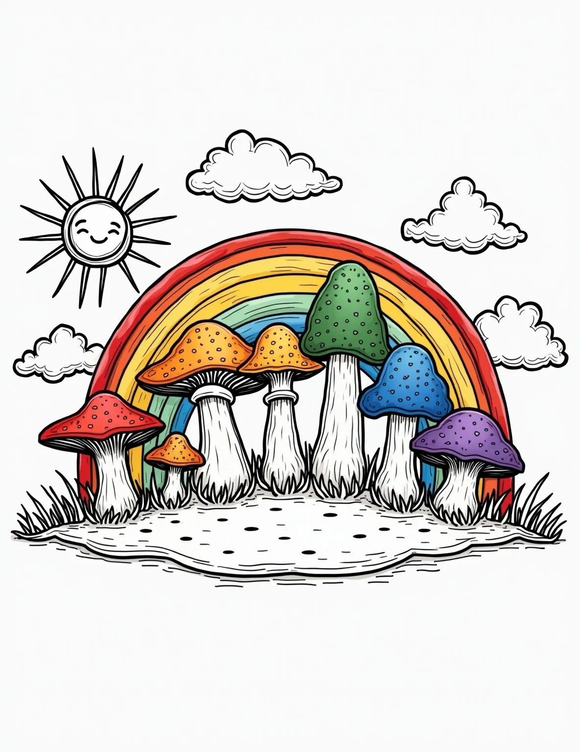 Mushroom Rainbow -- prompt: "black lines only Cheerful mushroom rainbow arc for coloring. Amanita muscaria caps form red edge, transitioning through orange chanterelles, yellow morels, green boletes, blue indigo milk caps, to purple blewits. Thick outlines, simple patterns inside. Smiling sun, fluffy clouds frame scene. flat black lines, premium coloring page, coloring sheet, line drawing, Coloring Book, NO COLOR, NO SHADING, WHITE BACKGROUND. NO GRAY, BLACK AND WHITE, NO COLOR" -- Celebrate the diversity of mushrooms with this colorful rainbow-inspired page. Mushrooms of different shapes and sizes are arranged in a rainbow arc, showcasing the wide variety of colors found in the fungal world. It's a vibrant and cheerful design that's sure to brighten anyone's day.