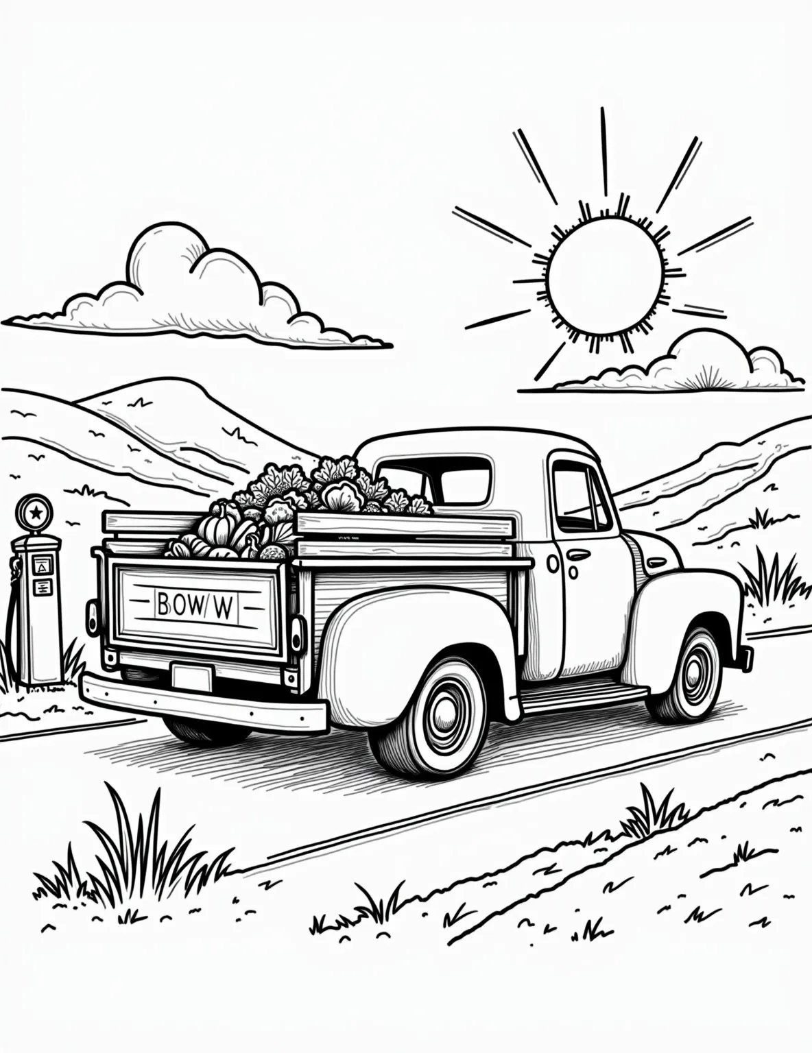 Classic Pickup Truck -- prompt: "black lines only Chunky, bold outlines define a 1950s pickup truck with rounded fenders and wood-paneled bed. Oversized wheels, exaggerated curves, and simple patterns create a playful, nostalgic scene. A winding country road and cheerful sun complete this retro coloring page design. flat black lines, premium coloring page, coloring sheet, line drawing, Coloring Book, NO COLOR, NO SHADING, WHITE BACKGROUND. NO GRAY, BLACK AND WHITE, NO COLOR" -- Take a trip down memory lane with this Classic Pickup Truck coloring page! This vintage beauty features all the charming details of a bygone era, from its rounded fenders to its wood-paneled bed. It's an ideal choice for those who appreciate automotive history and timeless design.