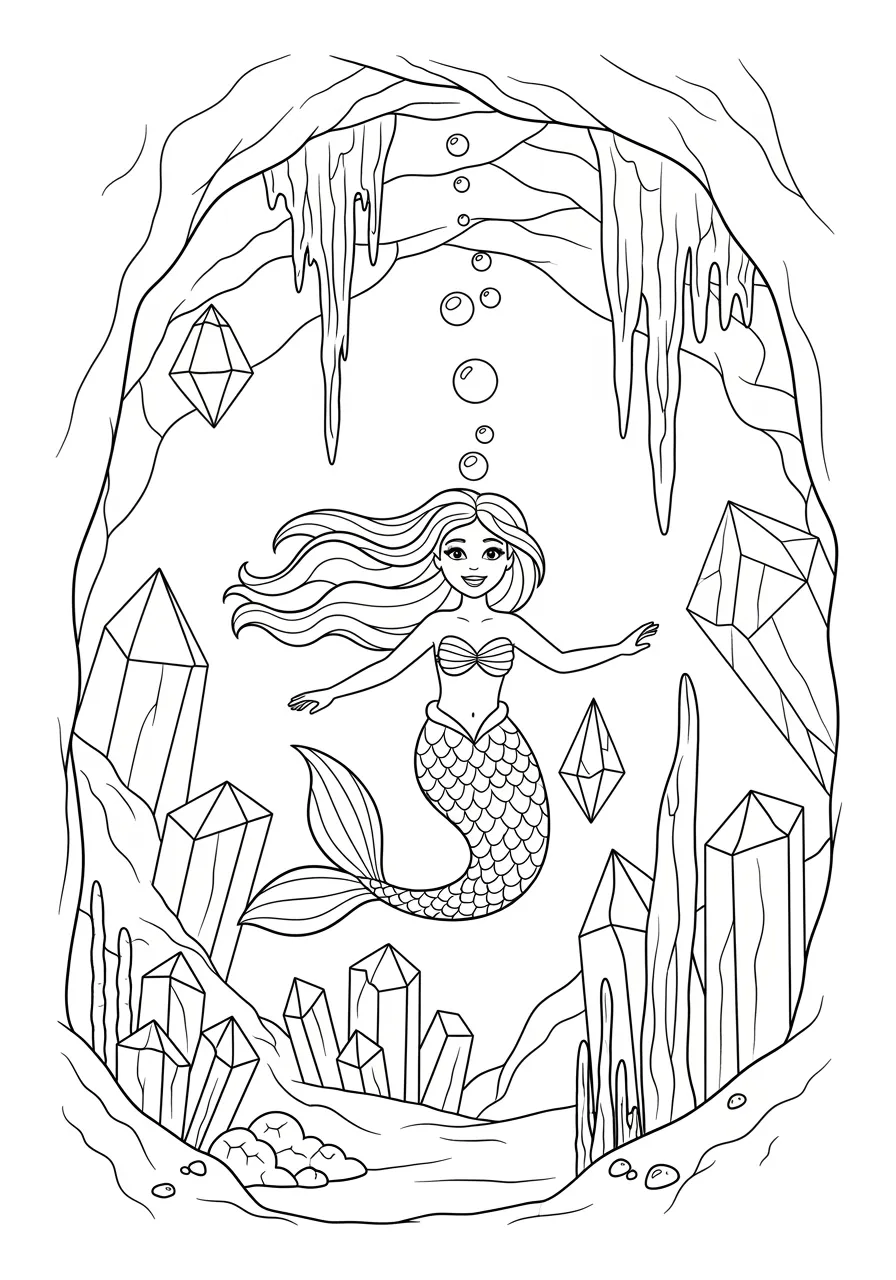 Mermaid's Crystal Cavern Adventure Coloring Page -- prompt: "black lines only Cheerful mermaid with flowing hair swimming through underground crystal cave, surrounded by large geometric gem formations, stalactites, and sparkling mineral deposits. Bold black outlines, simple shapes, magical underwater bubbles floating upward, perfect for children's coloring book pages. flat black lines, premium coloring page, coloring sheet, line drawing, Coloring Book, NO COLOR, NO SHADING, WHITE BACKGROUND. NO GRAY, BLACK AND WHITE, NO COLOR" -- Deep in an underwater crystal cave, a brave mermaid explores sparkling formations and hidden wonders. The geometric crystal shapes contrast beautifully with the mermaid's flowing organic curves. This page offers a perfect balance of detailed crystal patterns and smooth underwater elements.