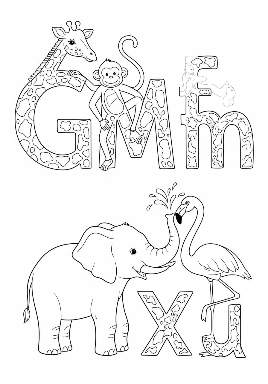 Alphabet Animal Adventure -- prompt: "black lines only Black-and-white outline of playful animal alphabet, ready for coloring. Giraffe 'G' stretches to monkey 'M', elephant 'E' sprays water on flamingo 'F'. Bold lines define each creature, creating interconnected zoo scene. Empty spaces invite creative expression, perfect for children's imagination. flat black lines, premium coloring page, coloring sheet, line drawing, Coloring Book, NO COLOR, NO SHADING, WHITE BACKGROUND. NO GRAY, BLACK AND WHITE, NO COLOR" -- Embark on a wild journey through the alphabet with this exciting coloring page! Each letter is cleverly formed by different animals, creating a menagerie of learning fun. From antelopes to zebras, this page offers a perfect blend of education and entertainment for young learners and animal enthusiasts alike.