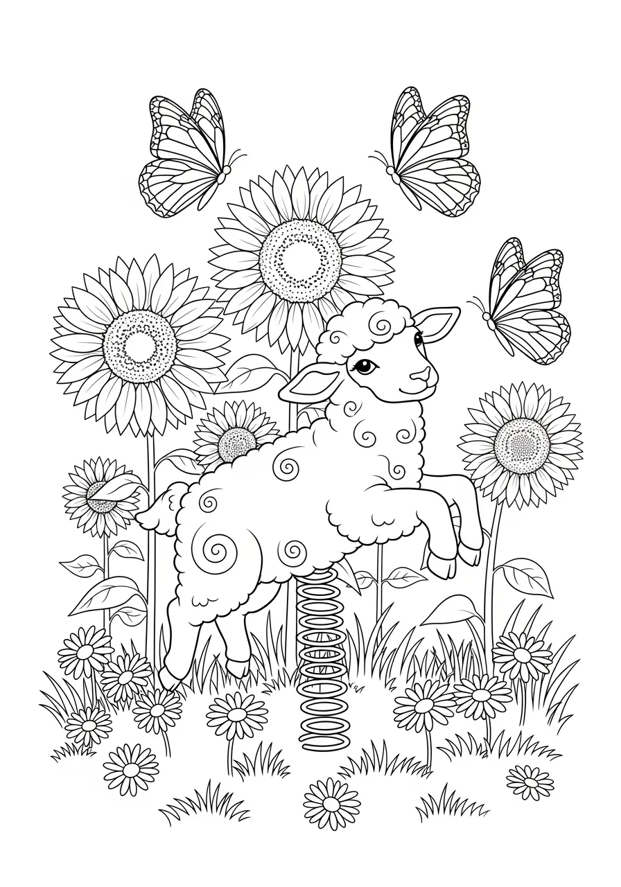 Fluffy Lamb Spring Meadow Coloring Page -- prompt: "black lines only Fun coloring book style illustration of a bouncing lamb with curly wool springs mid-leap over daisy clusters, sunflowers towering behind, monarch butterflies with bold wing patterns dancing through the scene, thick black outlines, cheerful meadow adventure flat black lines, premium coloring page, coloring sheet, line drawing, Coloring Book, NO COLOR, NO SHADING, WHITE BACKGROUND. NO GRAY, BLACK AND WHITE, NO COLOR" -- This sweet coloring page shows a fluffy young lamb frolicking in a spring meadow filled with colorful wildflowers. The lamb's woolly coat and innocent expression capture the joy of springtime and new beginnings. Children will love the soft, curved lines and the opportunity to use bright, cheerful colors.