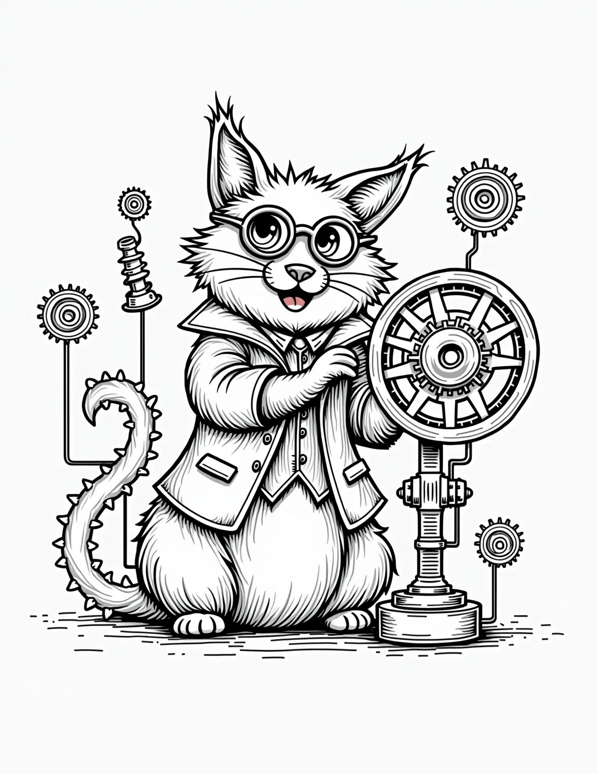 Steampunk Cat Inventor Coloring Page -- prompt: "black lines only Playful outline of a dapper feline scientist, goggle-eyed and waistcoat-clad, tinkering with an elaborate contraption. Bold, thick lines form gears, pipes, and levers. Simplistic yet charming steampunk elements surround the cat. Large, empty spaces await vibrant colors. Fun, whimsical coloring page design. flat black lines, premium coloring page, coloring sheet, line drawing, Coloring Book, NO COLOR, NO SHADING, WHITE BACKGROUND. NO GRAY, BLACK AND WHITE, NO COLOR" -- Enter a world of imagination with this unique steampunk-inspired cat inventor. Surrounded by gears, gadgets, and fantastical contraptions, this creative feline embodies the spirit of innovation. This detailed page is perfect for adults who enjoy intricate designs and alternative themes.