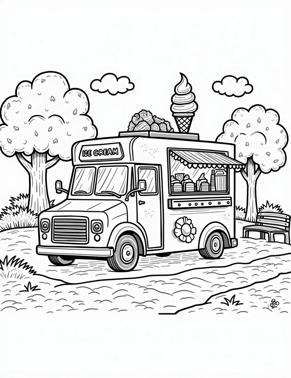 Ice Cream Truck Delight -- prompt: "black lines only Cheerful ice cream truck with bold, outlined shapes perfect for coloring. Swirling cone designs, smiling sun, and playful park elements. Simple, clean lines define truck's contours, wheels, and serving window. Surrounding trees and benches await vibrant hues. A joyful summer scene ready for creative coloring. flat black lines, premium coloring page, coloring sheet, line drawing, Coloring Book, NO COLOR, NO SHADING, WHITE BACKGROUND. NO GRAY, BLACK AND WHITE, NO COLOR" -- Sweeten up your coloring session with this Ice Cream Truck Delight page! This cheerful truck is decorated with tempting ice cream designs and a serving window, ready to bring joy to a summer day. It's perfect for food truck enthusiasts and anyone with a sweet tooth.