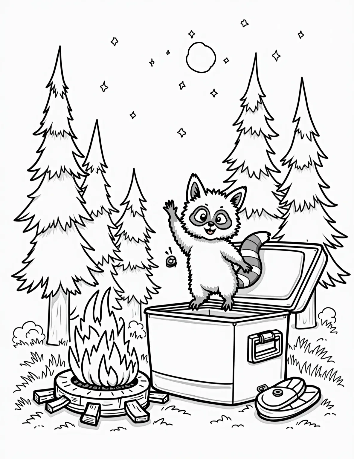 Curious Raccoon's Nighttime Adventure Coloring Page -- prompt: "black lines only Mischievous raccoon, wide-eyed and grinning, balances on hind legs peeking into open camp cooler. Pine trees silhouette against full moon. Bold outlines, simple shapes, large empty spaces. Perfect for coloring. Starry sky, curious forest creatures watching. Campfire embers glow nearby. flat black lines, premium coloring page, coloring sheet, line drawing, Coloring Book, NO COLOR, NO SHADING, WHITE BACKGROUND. NO GRAY, BLACK AND WHITE, NO COLOR" -- Explore the night with this charming raccoon coloring page. The clever creature investigating a campsite by moonlight captures the curious and mischievous nature of these nocturnal animals. Great for those who appreciate woodland creatures and nighttime scenes.