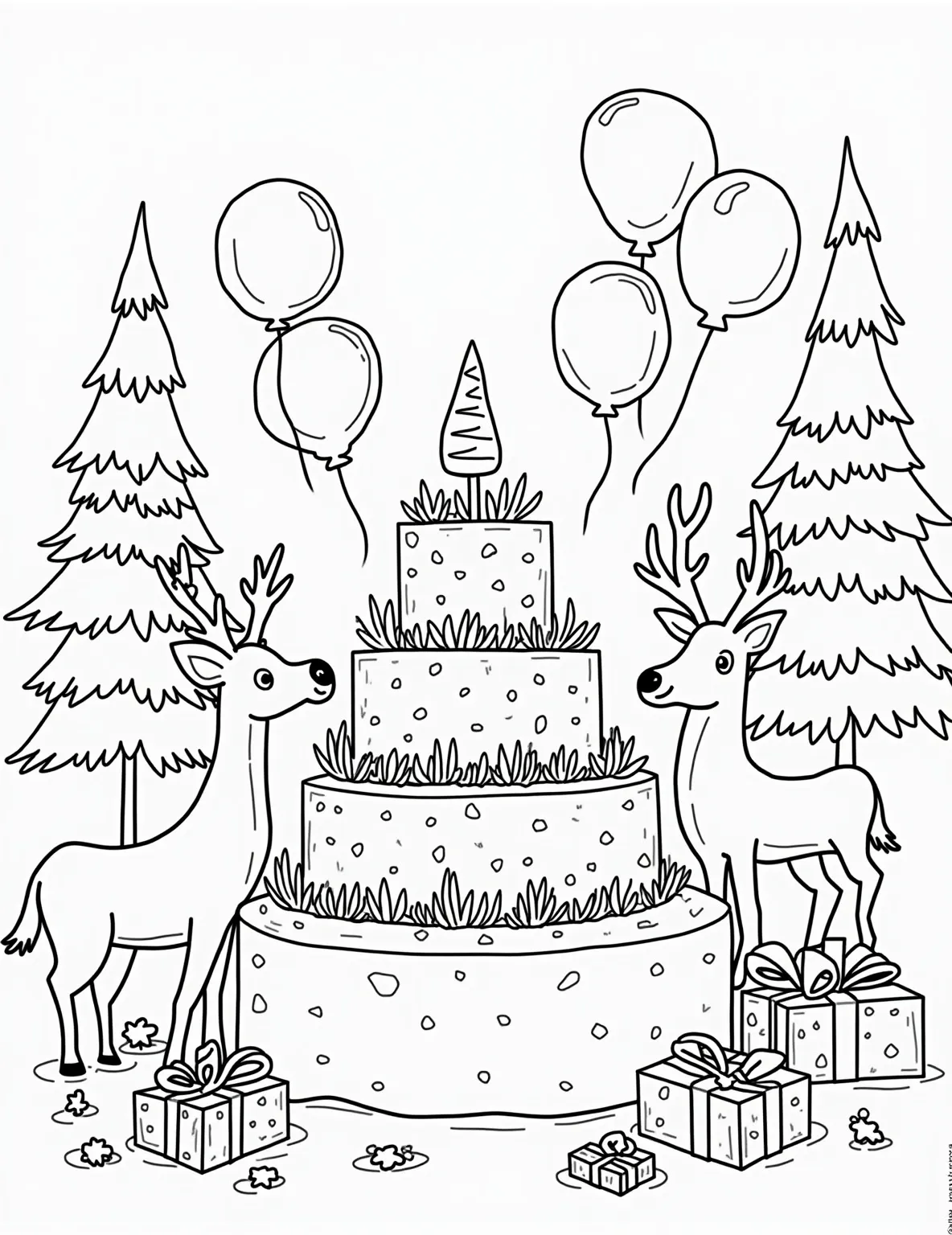 Rudolph's Birthday Party -- prompt: "black lines only Rudolph's forest birthday bash: Bold black outlines frame cheerful woodland creatures, balloons, and a carrot cake. Simplified shapes of pine trees, presents, and streamers create a playful scene. Rudolph's red nose stands out, perfect for coloring enthusiasts to bring to life. flat black lines, premium coloring page, coloring sheet, line drawing, Coloring Book, NO COLOR, NO SHADING, WHITE BACKGROUND. NO GRAY, BLACK AND WHITE, NO COLOR" -- Join in the celebration with this festive coloring page! It's Rudolph's birthday, and all his friends have gathered for a surprise party. Complete with a cake, presents, and party hats, this joyful scene reminds us that Rudolph is special all year round, not just at Christmas.