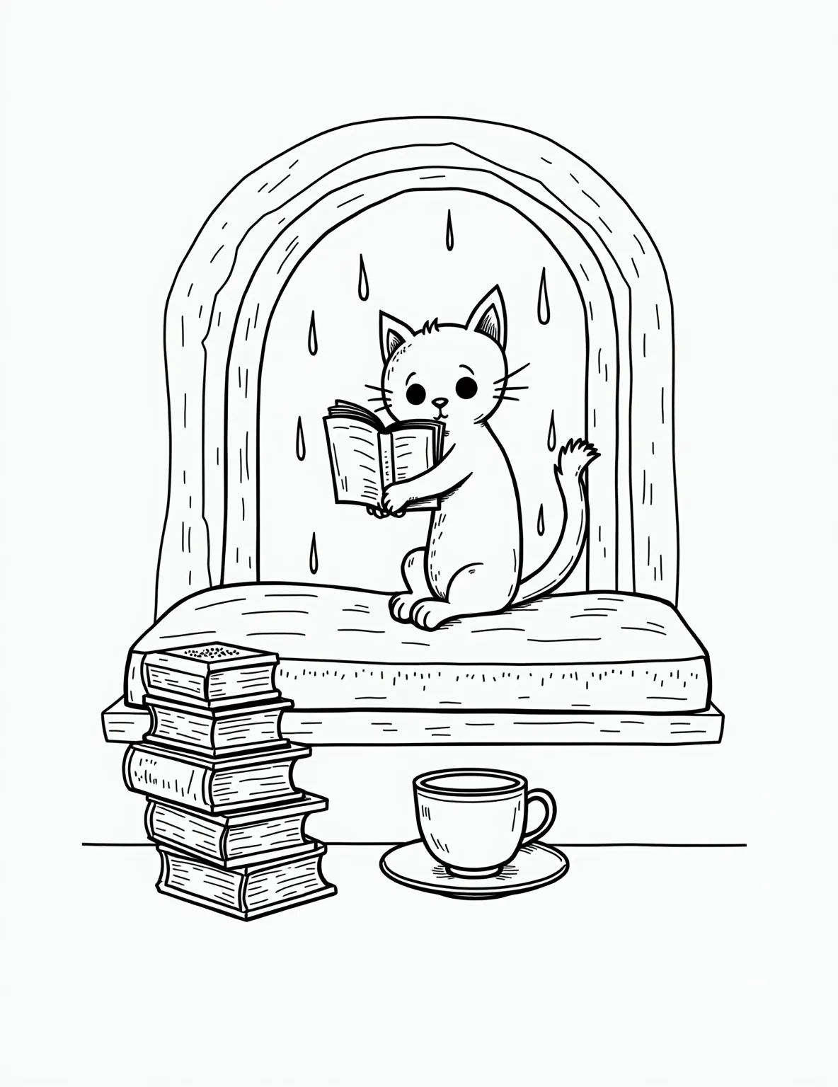 Cozy Cat's Rainy Day Reading Nook Coloring Page -- prompt: "black lines only Playful line art of a curious cat perched on a window seat, paws holding an open book. Raindrops trickle down the window pane. Steaming teacup and stacked books nearby. Bold outlines, simple shapes, and empty spaces await colorful imagination. Cozy scene perfect for coloring enthusiasts. flat black lines, premium coloring page, coloring sheet, line drawing, Coloring Book, NO COLOR, NO SHADING, WHITE BACKGROUND. NO GRAY, BLACK AND WHITE, NO COLOR" -- Embrace the comfort of a rainy day with this endearing cat coloring page. A contented cat is curled up in a plush window seat, surrounded by stacks of books and a steaming cup of tea, while rain patters against the window. This serene scene is perfect for book lovers and cat enthusiasts, offering a relaxing coloring experience for all ages.