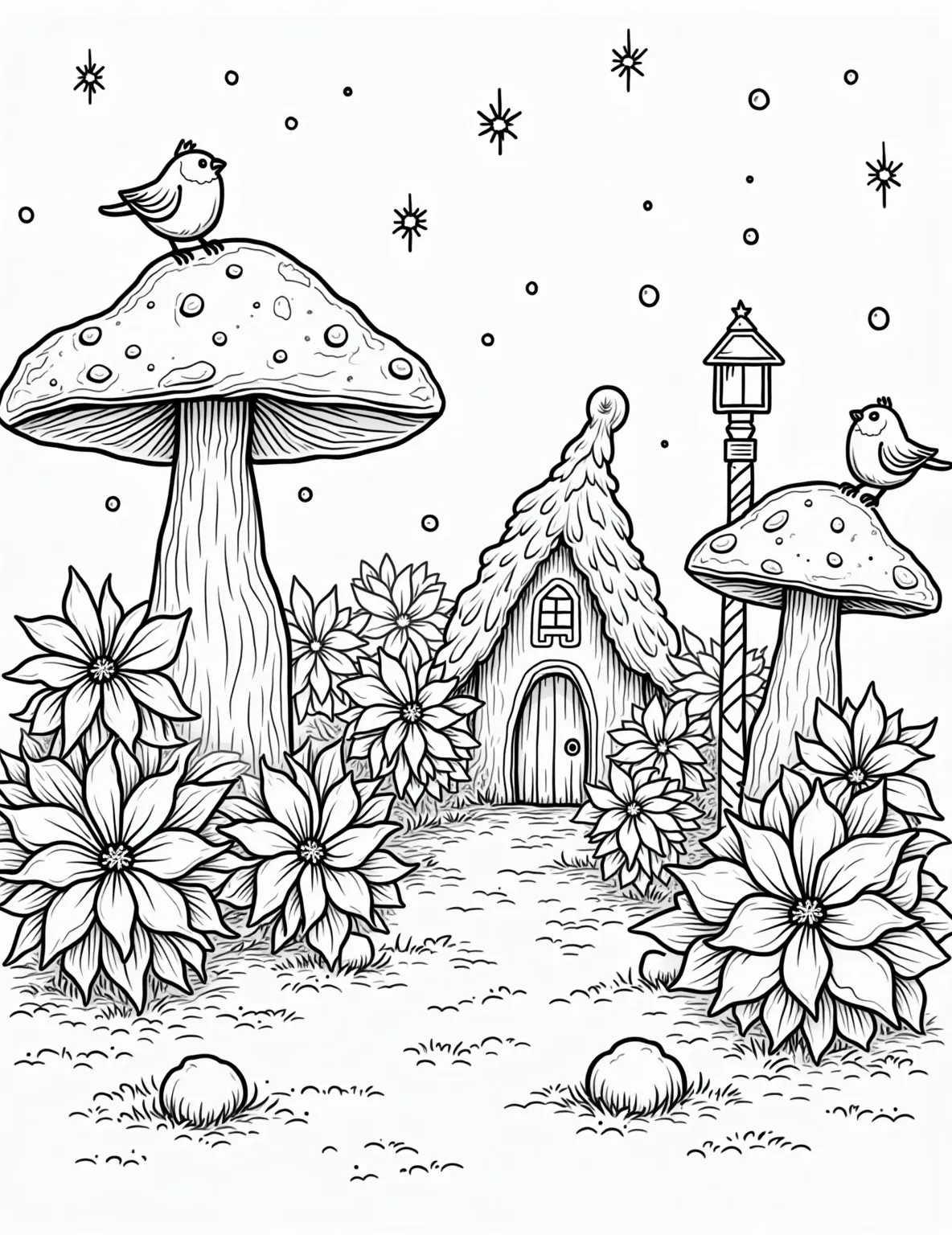 Christmas Fairy Garden Coloring Page -- prompt: "black lines only Enchanting Christmas fairy garden coloring page. Delicate outlines of miniature fairies flit among oversized poinsettias and holly. Tiny toadstool houses adorned with icicle lights. Plump robins perch on candy cane lampposts. Swirling snowflakes frame the whimsical scene. flat black lines, premium coloring page, coloring sheet, line drawing, Coloring Book, NO COLOR, NO SHADING, WHITE BACKGROUND. NO GRAY, BLACK AND WHITE, NO COLOR" -- Enter a world of enchantment with this whimsical Christmas fairy garden coloring page. The scene depicts a miniature magical garden filled with tiny fairies, decorated for the holiday season with lights and ornaments. This page is perfect for those who love fantasy and the magical side of Christmas.