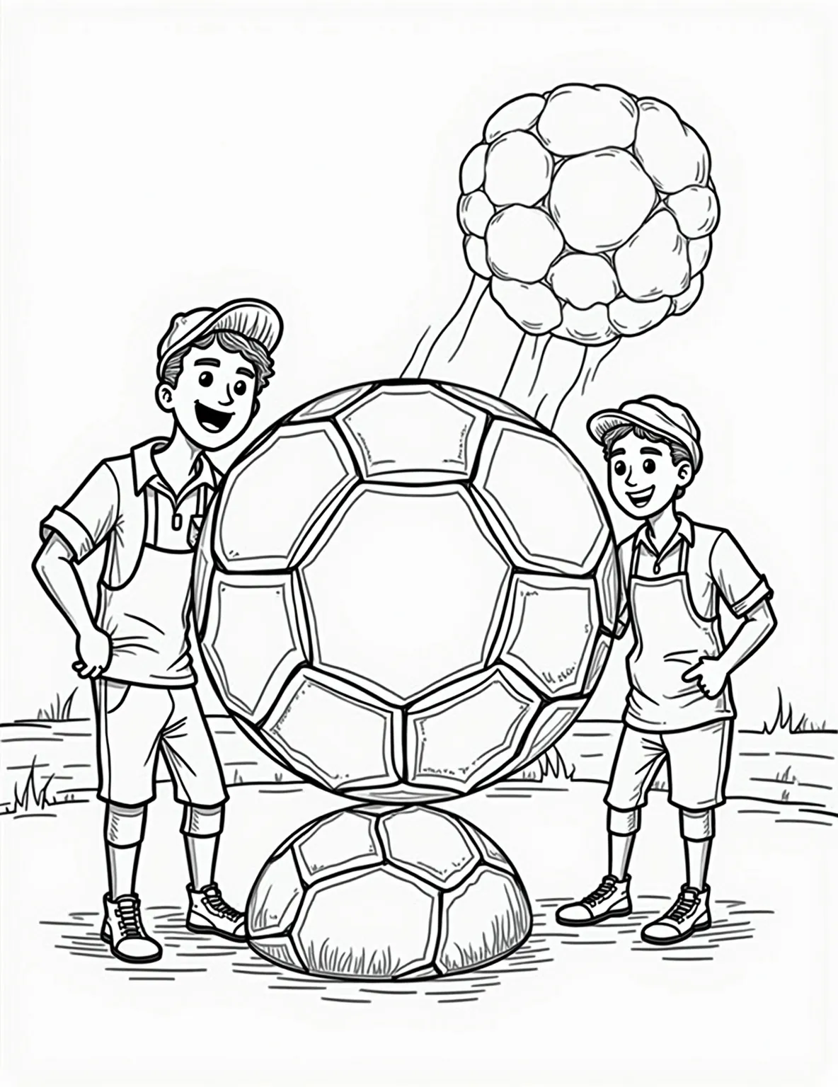 Soccer Ball Production Line -- prompt: "black lines only Playful coloring page illustrating soccer ball creation: rubber tree sap collection, synthetic leather cutting, hexagon panel stitching, inflation valve insertion. Bold outlines showcase each step, inviting colorful creativity. Smiling workers guide viewers through the whimsical factory journey, ending with a jubilant finished ball. flat black lines, premium coloring page, coloring sheet, line drawing, Coloring Book, NO COLOR, NO SHADING, WHITE BACKGROUND. NO GRAY, BLACK AND WHITE, NO COLOR" -- This educational coloring page shows the stages of soccer ball production. From raw materials to the finished product, each step is illustrated in a simple, engaging way. This page is great for learning about how soccer balls are made while enjoying a coloring activity.