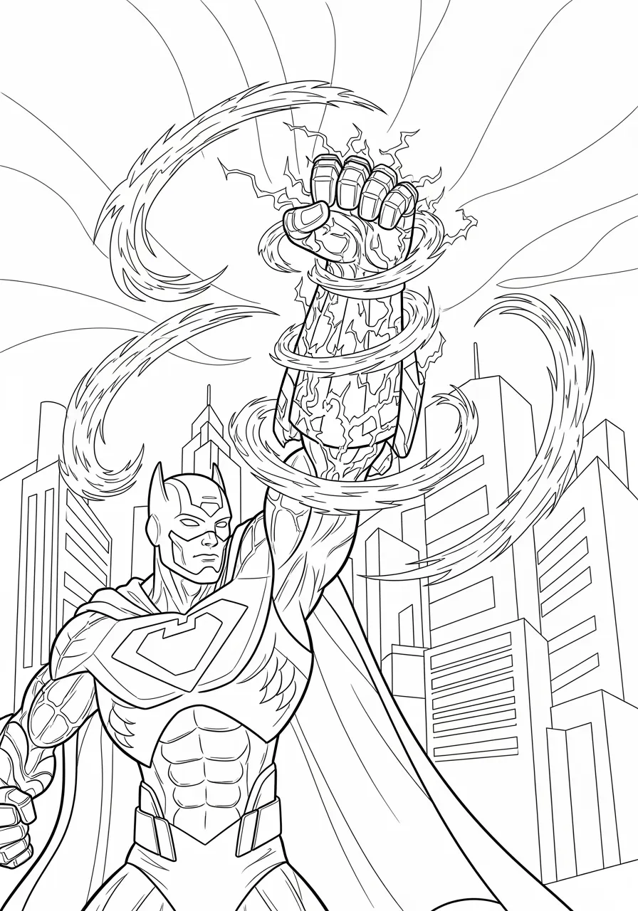 Shape-Shifting Hero Transforming Mid-Battle Coloring Page -- prompt: "black lines only Bold black outlines superhero morphing arm into energy cannon, swirling transformation waves radiating outward, simple geometric cityscape background, large clear sections perfect for crayons, dynamic action pose with cape flowing, clean line art coloring book page flat black lines, premium coloring page, coloring sheet, line drawing, Coloring Book, NO COLOR, NO SHADING, WHITE BACKGROUND. NO GRAY, BLACK AND WHITE, NO COLOR" -- Watch in amazement as this incredible superhero transforms their body into different shapes during an epic battle scene. The hero's form flows and morphs with dynamic energy lines showing the transformation process in action. This complex design offers advanced colorists the perfect opportunity to experiment with gradient techniques and creative color transitions.