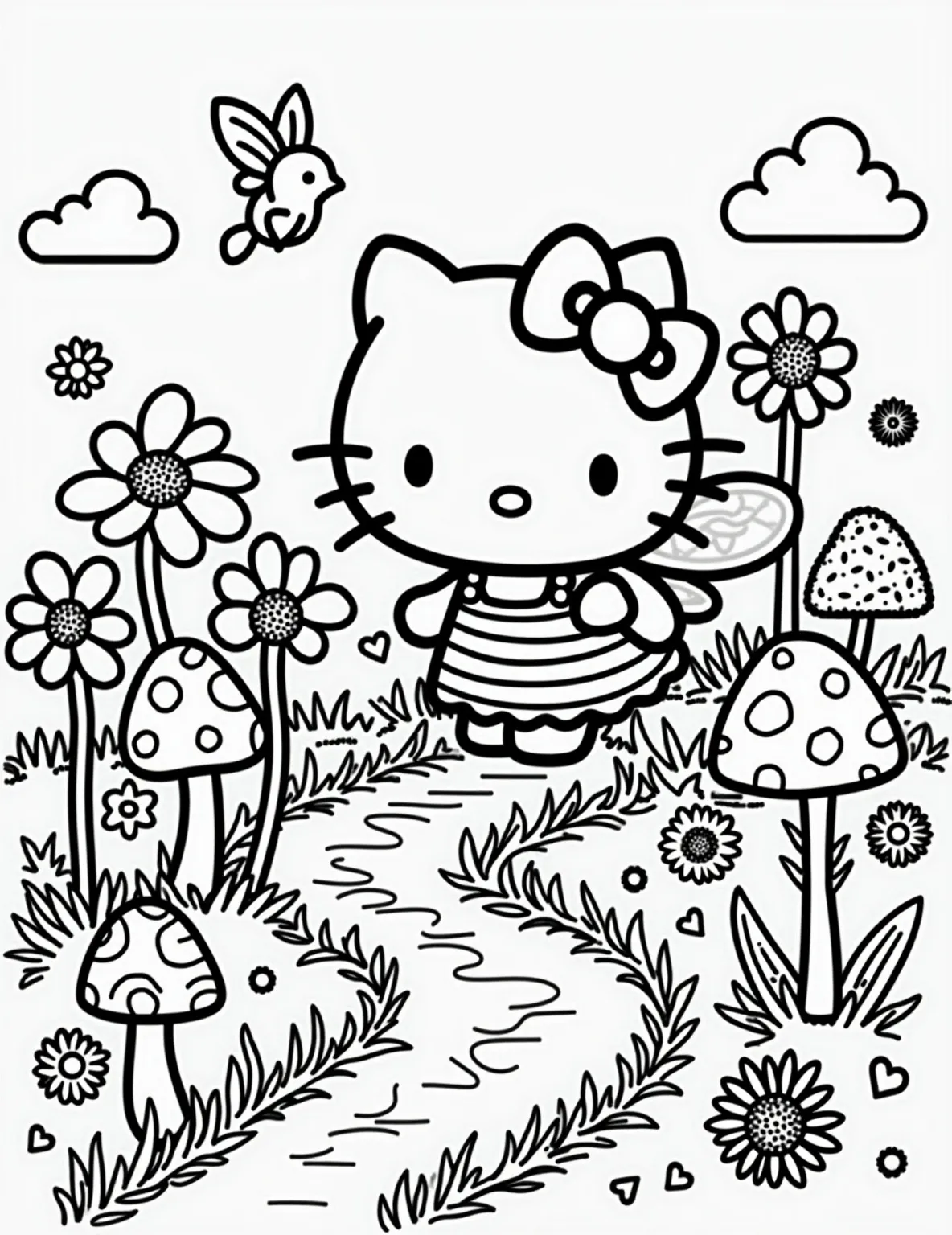 Hello Kitty's Magical Fairy Garden -- prompt: "black lines only Hello Kitty, adorned with delicate fairy wings, tends to oversized flowers and polka-dot toadstools in a whimsical garden. Fireflies illuminate curvy paths, while a meandering brook and playful fairy companions surround her. Bold outlines and simple shapes create a charming coloring book page. flat black lines, premium coloring page, coloring sheet, line drawing, Coloring Book, NO COLOR, NO SHADING, WHITE BACKGROUND. NO GRAY, BLACK AND WHITE, NO COLOR" -- Step into a world of wonder with Hello Kitty in her magical fairy garden! This enchanting coloring page shows her with tiny fairy wings, tending to miniature flowers and toadstools. The scene is filled with sparkling fireflies, a babbling brook, and even a few fairy friends. It's a whimsical page that brings fairy tales to life.