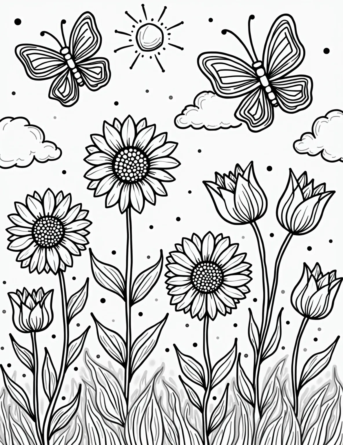 Butterfly's Flower Feast -- prompt: "black lines only Cheerful butterflies with bold, simplified wing patterns flit between oversized daisies, sunflowers, and tulips. Thick, black outlines define each shape, creating clear spaces for coloring. Curling vines and stylized leaves frame the scene, inviting creative expression. A smiling sun peeks from flat black lines, premium coloring page, coloring sheet, line drawing, Coloring Book, NO COLOR, NO SHADING, WHITE BACKGROUND. NO GRAY, BLACK AND WHITE, NO COLOR" -- Celebrate the beauty of pollinators with this butterfly and flower coloring page. A variety of butterflies flit from flower to flower, sipping nectar and showing off their intricate wing patterns. This page is perfect for nature lovers who enjoy coloring both flora and fauna.