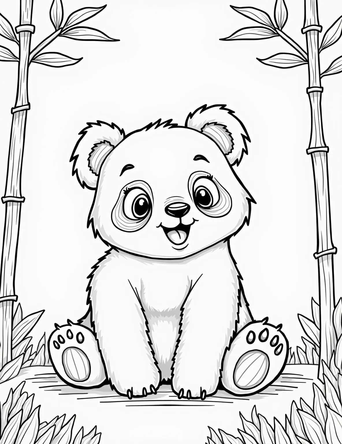 Panda's Bamboo Feast Coloring Page -- prompt: "black lines only Playful panda bear outline with thick, bold strokes. Simplistic bamboo stalks frame the scene. Large, empty spaces await coloring. Panda's round body and expressive eyes capture its charm. Bamboo leaves create patterns. Background hints at a stylized forest. Gentle curves and straight lines balance the composition. flat black lines, premium coloring page, coloring sheet, line drawing, Coloring Book, NO COLOR, NO SHADING, WHITE BACKGROUND. NO GRAY, BLACK AND WHITE, NO COLOR" -- Indulge in the simple pleasures of a panda's life with this detailed coloring page of a panda enjoying a bamboo feast. The page features a realistic panda sitting amidst a grove of bamboo, munching happily on a stalk. This image offers a great chance to practice shading techniques on the panda's fur and add texture to the bamboo plants.