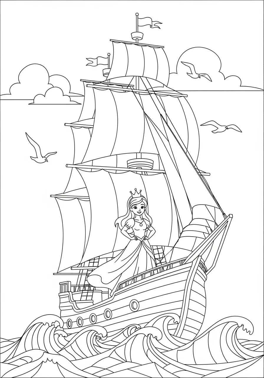 Princess Sailing Adventure Coloring Page -- prompt: "black lines only Cheerful princess with flowing gown stands proudly on ornate royal ship deck, thick black outlines, simple shapes, large billowing sails catching wind, playful seagulls soaring overhead, ocean waves with bold patterns, coloring book style illustration flat black lines, premium coloring page, coloring sheet, line drawing, Coloring Book, NO COLOR, NO SHADING, WHITE BACKGROUND. NO GRAY, BLACK AND WHITE, NO COLOR" -- Set sail with this brave princess as she navigates her royal ship across sparkling ocean waters. Billowing sails catch the wind while seagulls soar overhead. The princess stands confidently at the helm, ready for whatever adventures await on the high seas.
