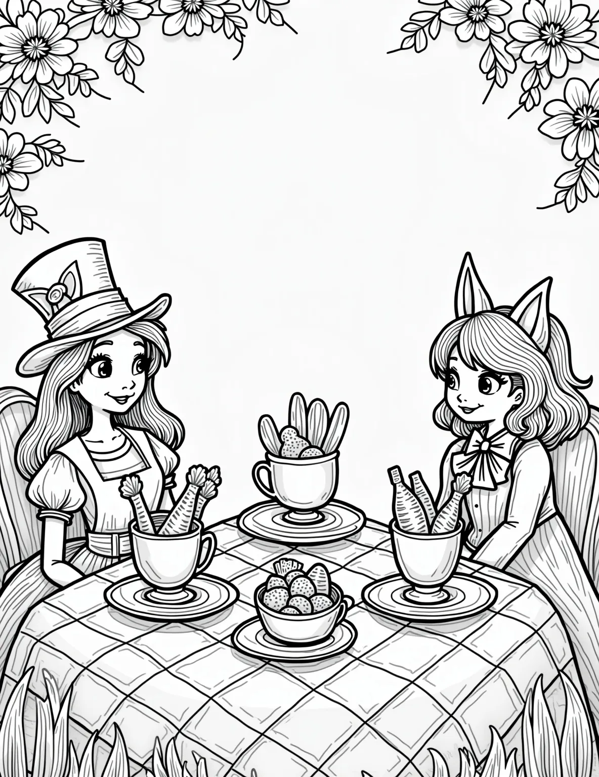 Alice's Wonderland Easter Tea Party -- prompt: "black lines only Alice, Mad Hatter, March Hare outlined in bold black strokes. Easter egg teacups, bunny-shaped sandwiches, carrot-topped cupcakes scattered on checkered tablecloth. Oversized pocket watch, flowery hat, spring blossoms frame scene. Empty spaces await vibrant colors. Playful tea party ready for artistic expression. flat black lines, premium coloring page, coloring sheet, line drawing, Coloring Book, NO COLOR, NO SHADING, WHITE BACKGROUND. NO GRAY, BLACK AND WHITE, NO COLOR" -- Step into a whimsical Easter celebration with this Alice in Wonderland-inspired coloring page. Alice is hosting an Easter tea party with the Mad Hatter and March Hare. The table is set with Easter-themed treats and decorations, creating a delightfully mad scene.