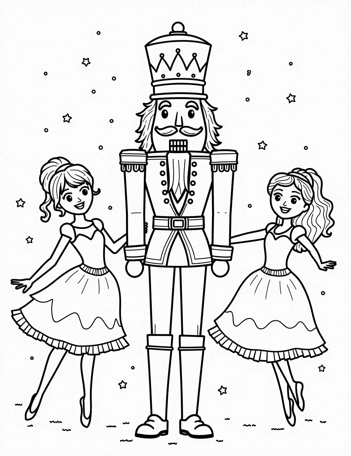 Nutcracker Prince Coloring Page -- prompt: "black lines only Nutcracker Prince stands proud, bold outlines define his regal uniform. Sword gleams, buttons pop. Simplified shapes, thick lines perfect for coloring. Whimsical toy soldiers march around him. Candy canes, sugar plums, and ballerinas dance in background. Festive Christmas magic radiates. Fun coloring book style coloring page. flat black lines, premium coloring page, coloring sheet, line drawing, Coloring Book, NO COLOR, NO SHADING, WHITE BACKGROUND. NO GRAY, BLACK AND WHITE, NO COLOR" -- Bring the classic tale of the Nutcracker to life with this regal coloring page. The page features the Nutcracker Prince in all his glory, complete with his distinctive uniform and sword. It's a great way to introduce children to this beloved Christmas story through art.