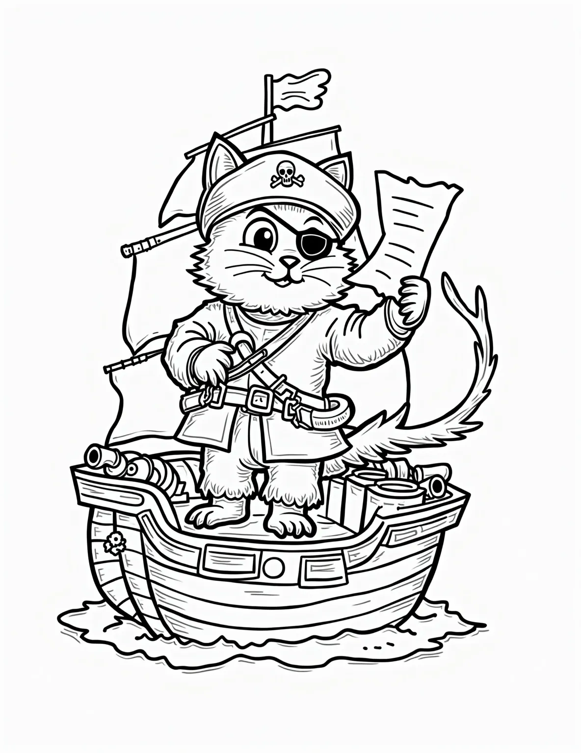 Pirate Captain Cat Coloring Page -- prompt: "black lines only Playful coloring page of swashbuckling feline captain, whiskers twitching, paw clutching treasure map. Parrot perched on shoulder, eye patch askew. Ship's wheel, cannons, and jolly roger flag outline deck. Bold, simple lines perfect for coloring fun. Ahoy, matey! Style: fun flat black lines, premium coloring page, coloring sheet, line drawing, Coloring Book, NO COLOR, NO SHADING, WHITE BACKGROUND. NO GRAY, BLACK AND WHITE, NO COLOR" -- Set sail for adventure with this swashbuckling cat pirate captain! Standing proud at the helm of a ship, complete with an eye patch and pirate hat, this feline buccaneer is ready for high seas excitement. Kids will love bringing this action-packed scene to life with bold colors and imaginative details.