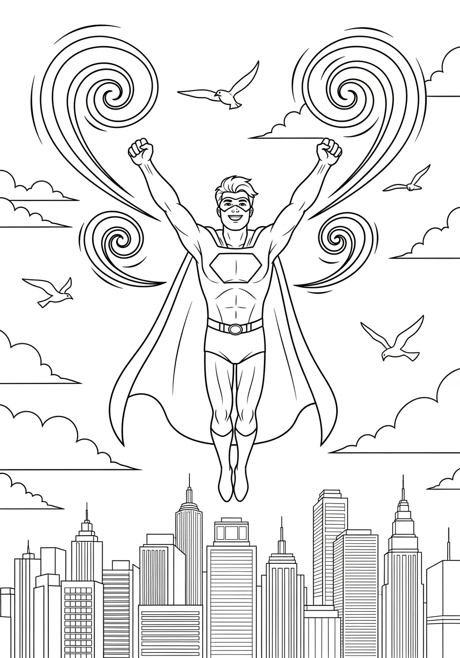 Wind Hero Soaring on Air Currents Coloring Page -- prompt: "black lines only Fun coloring book page featuring cheerful superhero with flowing cape soaring above city skyline, bold spiral wind currents swirling around outstretched arms, simple thick outlines, large spaces for coloring, clouds and birds scattered throughout composition flat black lines, premium coloring page, coloring sheet, line drawing, Coloring Book, NO COLOR, NO SHADING, WHITE BACKGROUND. NO GRAY, BLACK AND WHITE, NO COLOR" -- Experience the freedom of flight with this superhero who controls wind and air currents to soar through the sky. Swirling wind patterns and air streams flow around the hero as they glide effortlessly above the landscape. This page offers wonderful opportunities to experiment with flowing lines and atmospheric effects.