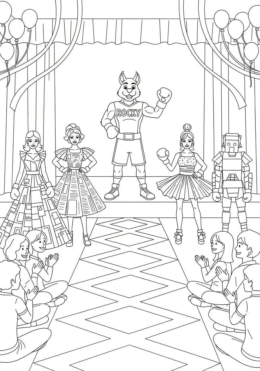 Rocky's Upcycling Fashion Show Coloring Page -- prompt: "black lines only Rocky the boxer stands center stage presenting models strutting down zigzag runway wearing bold geometric recycled newspaper dresses plastic bottle tutus cardboard armor cheerful audience sits cross-legged clapping hands streamers balloons decorating background simple black outlines flat black lines, premium coloring page, coloring sheet, line drawing, Coloring Book, NO COLOR, NO SHADING, WHITE BACKGROUND. NO GRAY, BLACK AND WHITE, NO COLOR" -- Witness Rocky's creativity shine as he hosts a fashion show featuring clothing made entirely from recycled materials! This unique coloring page shows Rocky and other characters modeling eco-friendly fashion creations on a runway. The innovative concept teaches sustainability while celebrating creativity and self-expression.
