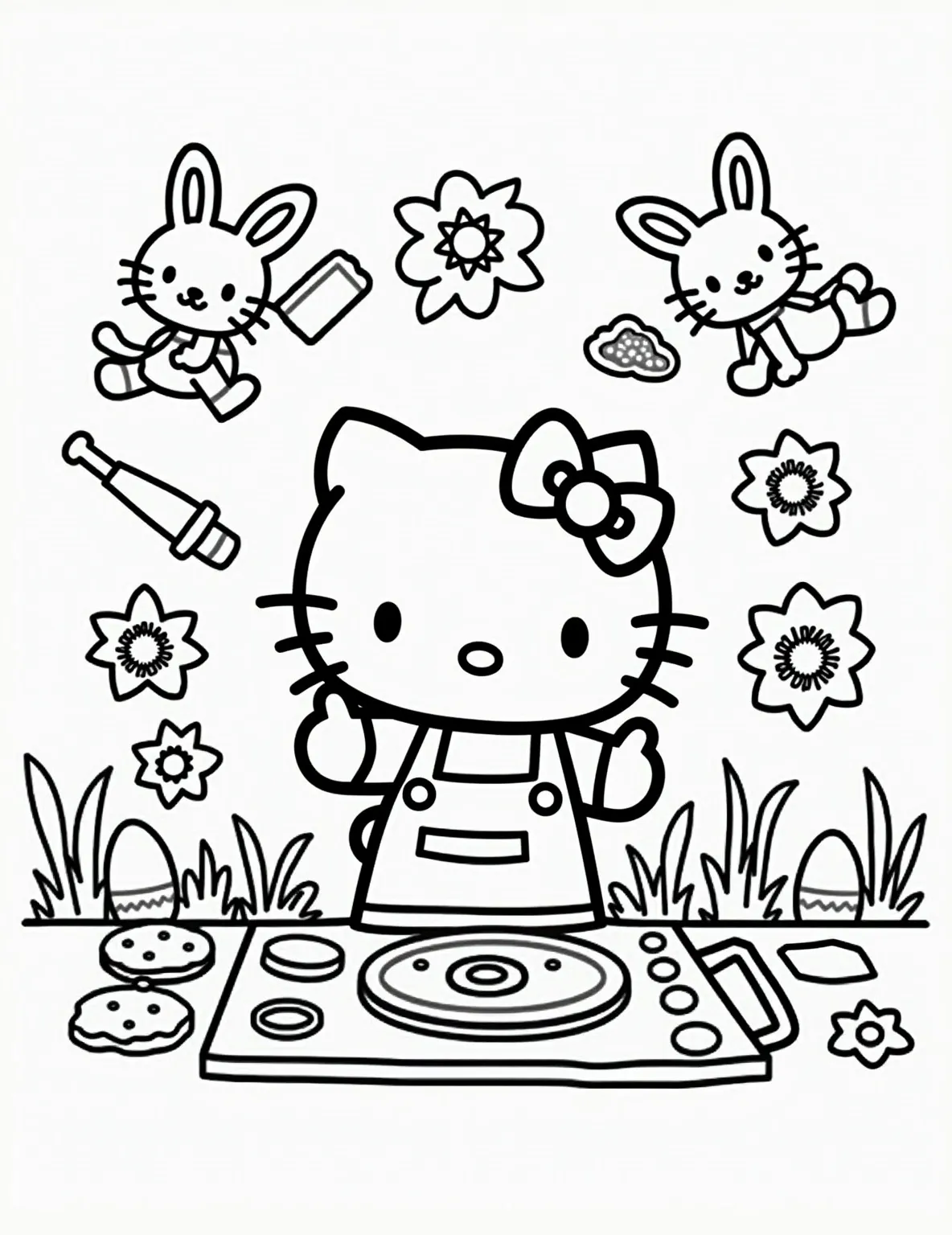 Hello Kitty's Easter Baking Adventure -- prompt: "black lines only Hello Kitty in a cheerful kitchen, outlined in bold black strokes. She's decorating Easter egg cookies, surrounded by simple, cartoonish baking tools. Bunny-shaped cookie cutters, a whisk, and rolling pin scattered nearby. Flowery borders frame the scene, perfect for coloring. Joyful Easter atmosphere flat black lines, premium coloring page, coloring sheet, line drawing, Coloring Book, NO COLOR, NO SHADING, WHITE BACKGROUND. NO GRAY, BLACK AND WHITE, NO COLOR" -- This sweet coloring page features Hello Kitty in the kitchen, baking Easter treats. She's surrounded by ingredients, mixing bowls, and a tray of freshly baked Easter-shaped cookies. The scene captures the joy of holiday baking and creativity.