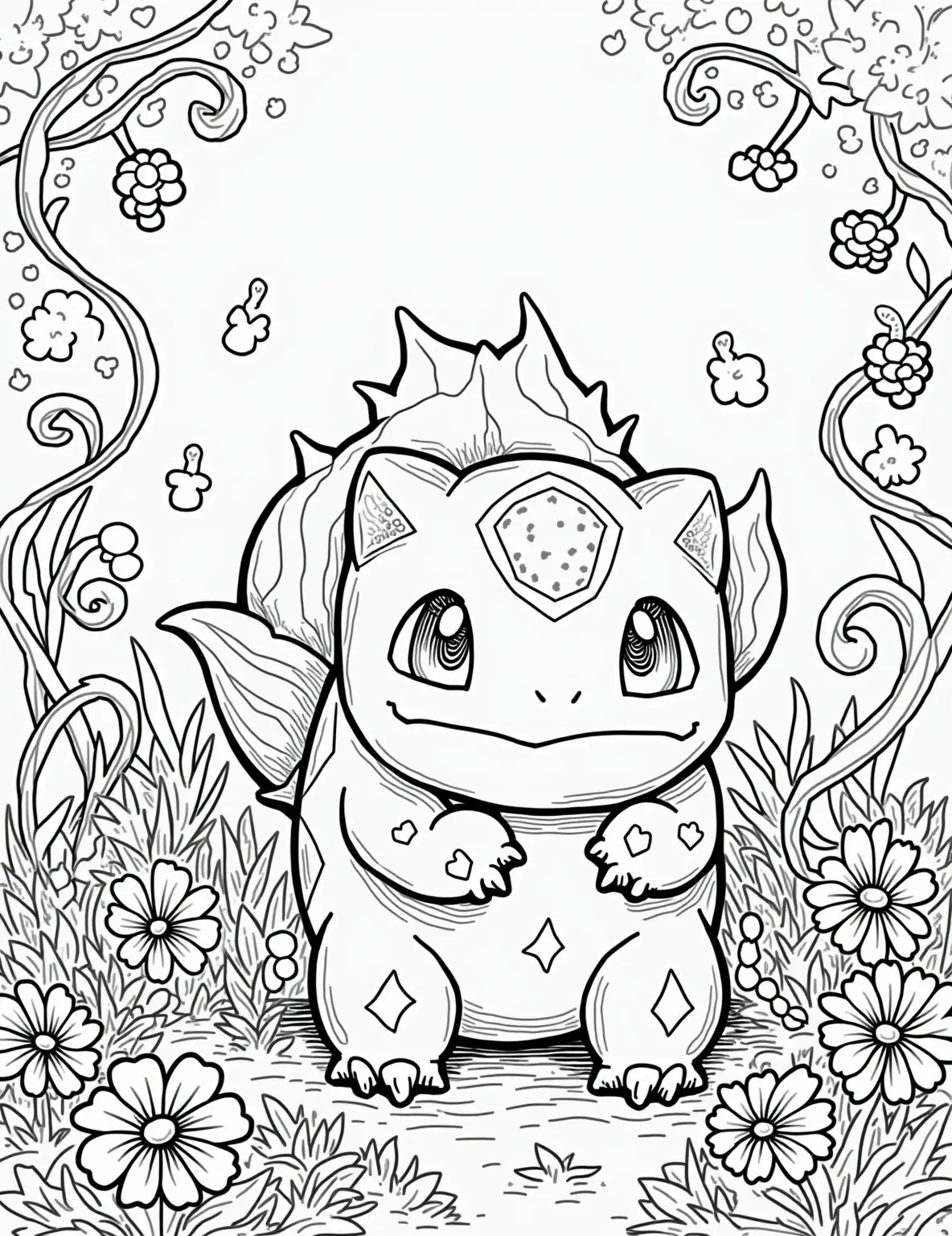 Bulbasaur's Secret Garden -- prompt: "black lines only Bulbasaur tenderly waters vibrant blooms in a hidden garden oasis. Bold outlines define cheerful flowers, twisting vines, and plump berries. Playful patterns adorn leaves and petals, inviting coloring enthusiasts to bring this Pokémon's botanical paradise to life with joyful hues. flat black lines, premium coloring page, coloring sheet, line drawing, Coloring Book, NO COLOR, NO SHADING, WHITE BACKGROUND. NO GRAY, BLACK AND WHITE, NO COLOR" -- Explore a world of wonder in this enchanting Bulbasaur coloring page! The grass-type starter is shown tending to a beautiful hidden garden filled with exotic plants and flowers. This page is perfect for nature lovers and offers a relaxing coloring experience for all ages.