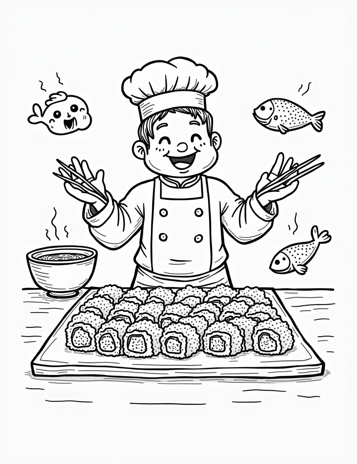 Sushi Making Adventure Coloring Page -- prompt: "black lines only Playful sushi preparation scene for coloring: Cheerful chef cooking fluffy rice, skilled hands slicing fresh fish, artistic rolling of colorful maki. Bold outlines showcase each step, inviting creativity. Kawaii sushi characters smile, encouraging young artists to bring the scene to life. flat black lines, premium coloring page, coloring sheet, line drawing, Coloring Book, NO COLOR, NO SHADING, WHITE BACKGROUND. NO GRAY, BLACK AND WHITE, NO COLOR" -- Embark on a culinary journey with our Sushi Making Adventure coloring page! This detailed scene shows the process of making sushi, from preparing rice to rolling maki. It's an educational and engaging coloring experience that introduces children to the art of sushi making.